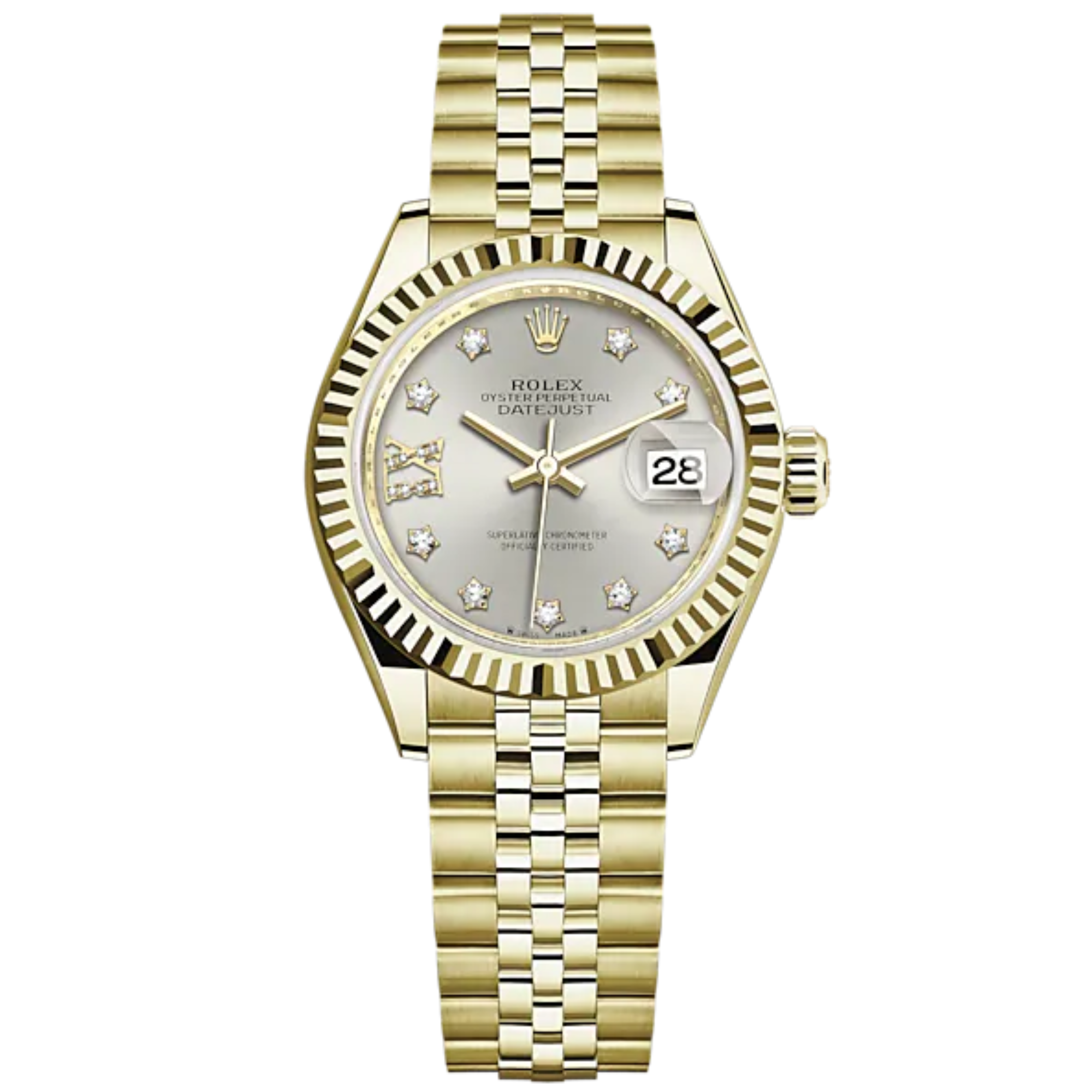 Lady-DateJust 28mm Jubilee Bracelet and 18 KT Yellow Gold with Silver Dial Diamond-Set Dial Fluted Bezel - Rolex