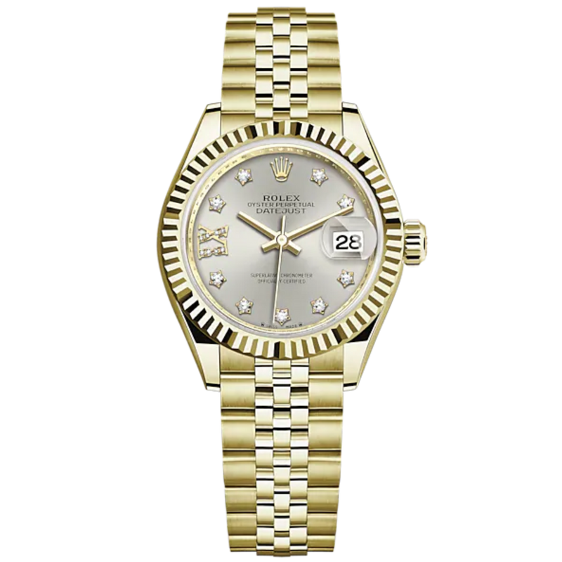 Lady-DateJust 28mm Jubilee Bracelet and 18 KT Yellow Gold with Silver Dial Diamond-Set Dial Fluted Bezel - Rolex
