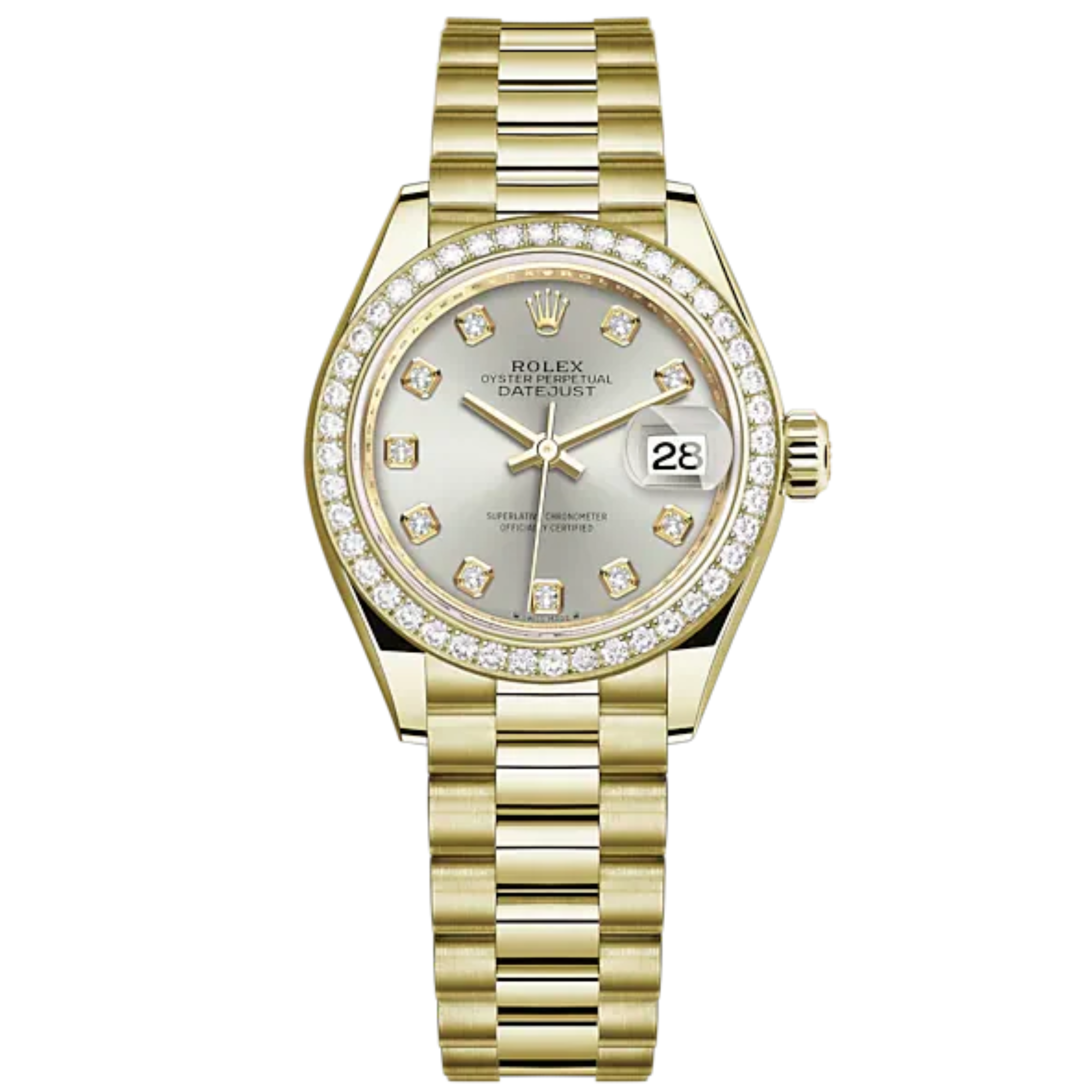 Lady-DateJust 28mm President Bracelet and 18 KT Yellow Gold with Silver Dial Diamond-Set Dial Diamond-Set Bezel - Rolex