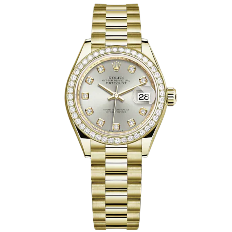 Lady-DateJust 28mm President Bracelet and 18 KT Yellow Gold with Silver Dial Diamond-Set Dial Diamond-Set Bezel - Rolex