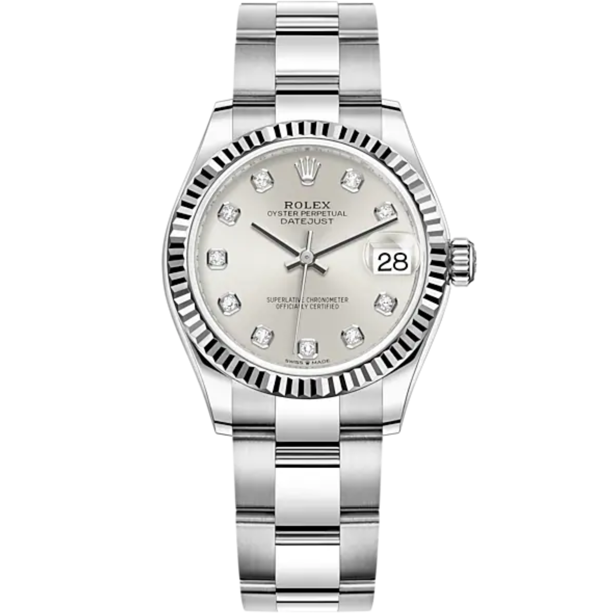 Datejust 31 31mm Oyster Bracelet Oystersteel and White Gold with Silver Diamond-Set Dial Fluted Bezel - Rolex