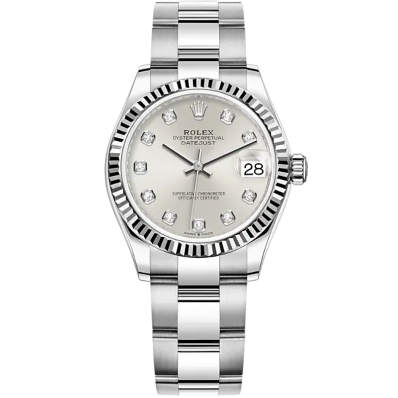 Datejust 31 31mm Oyster Bracelet Oystersteel and White Gold with Silver Diamond-Set Dial Fluted Bezel - Rolex