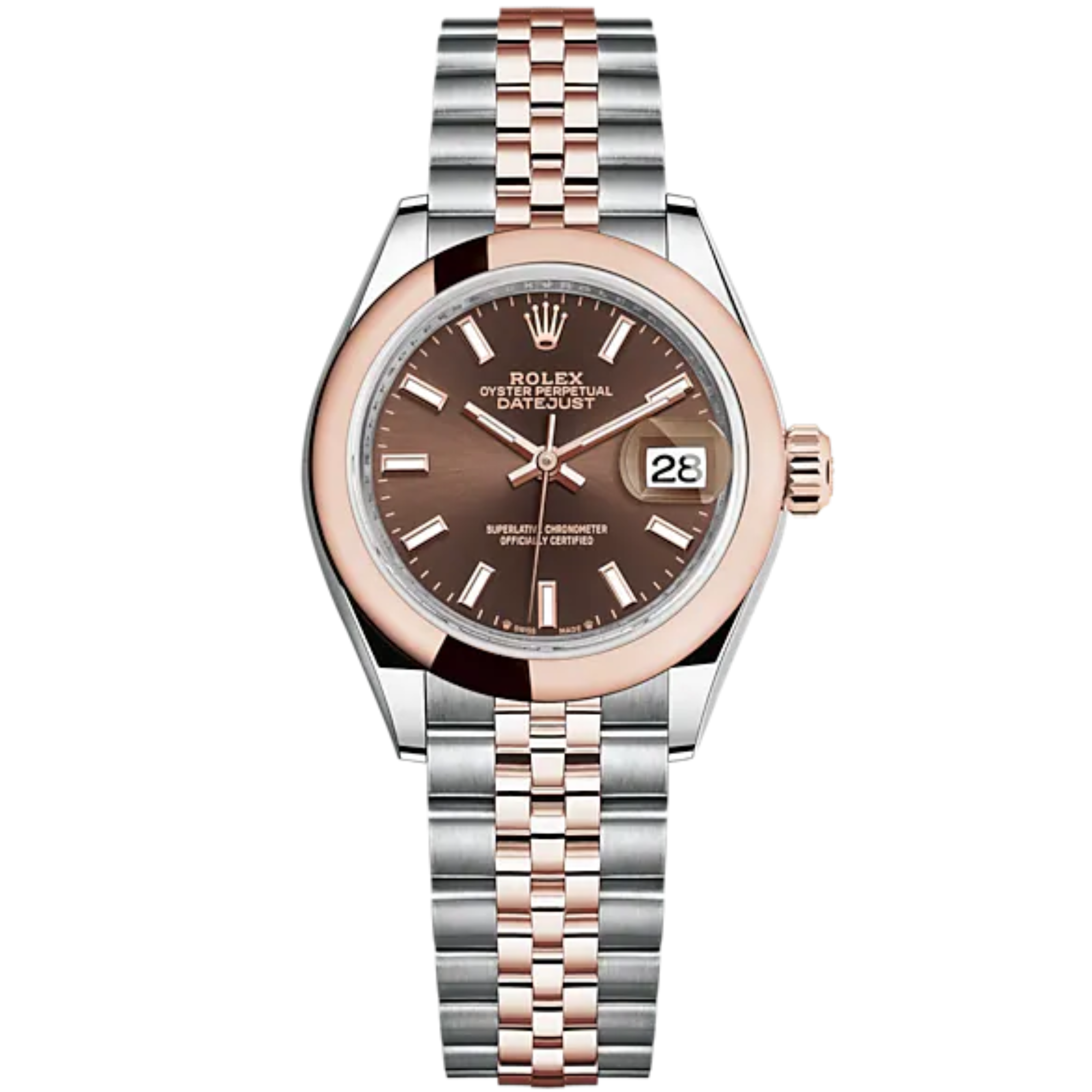 Lady-DateJust 28mm Oystersteel Jubilee Bracelet and Everose Gold with Chocolate Dial Domed Bezel - Rolex