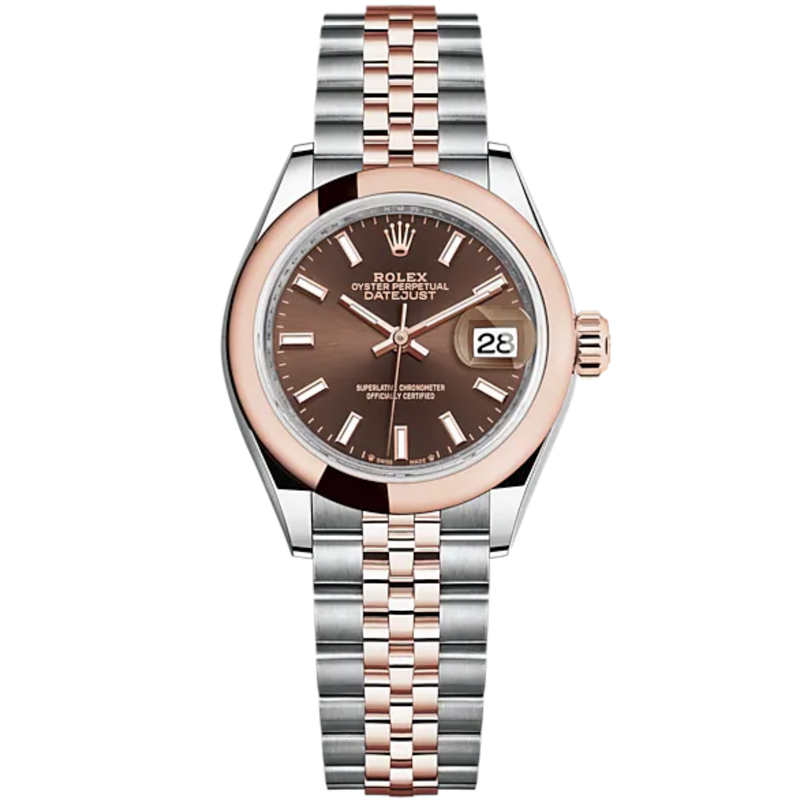 Lady-DateJust 28mm Oystersteel Jubilee Bracelet and Everose Gold with Chocolate Dial Domed Bezel - Rolex