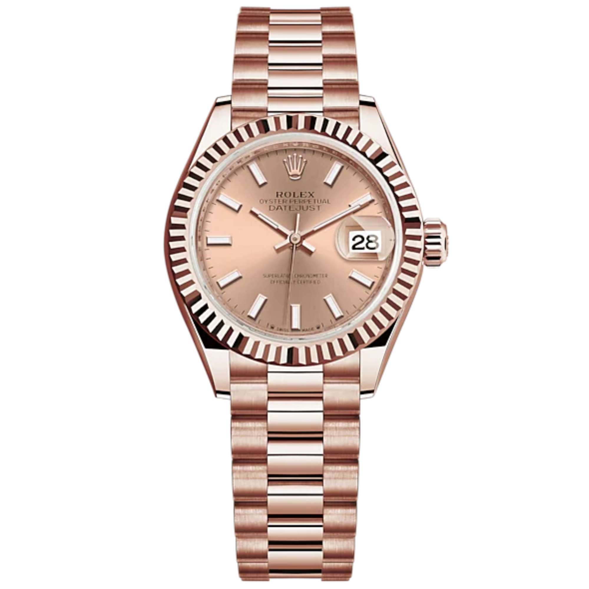 Lady-DateJust 28mm President Bracelet and 18 KT Everose Gold with Rosé-Colour Dial Fluted Bezel - Rolex