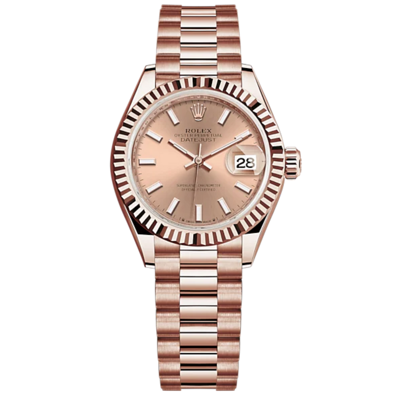Lady-DateJust 28mm President Bracelet and 18 KT Everose Gold with Rosé-Colour Dial Fluted Bezel - Rolex