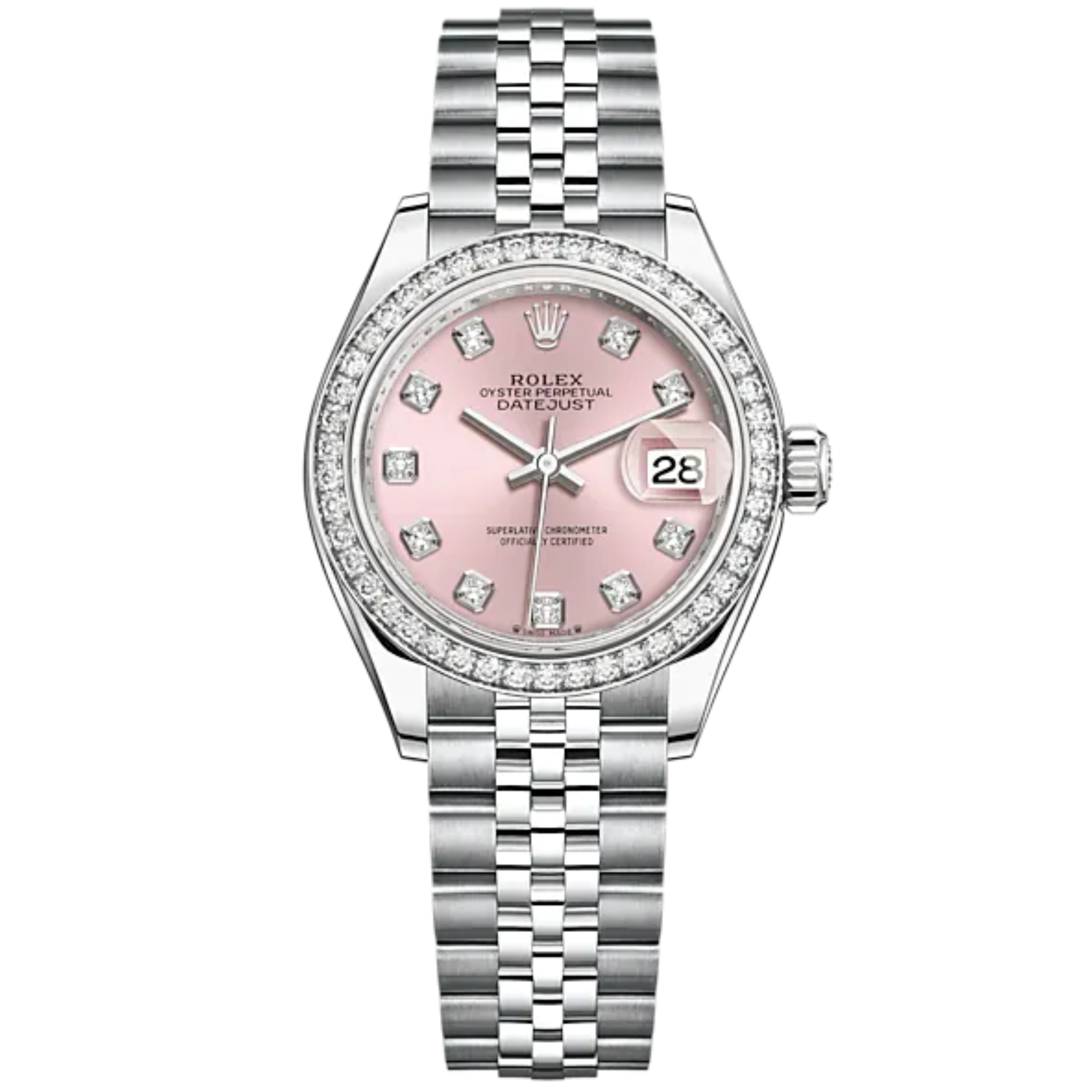 Lady-DateJust 28mm Oystersteel Jubilee Bracelet and White Gold with Pink Dial Diamond-Set Dial Diamond-Set Bezel - Rolex
