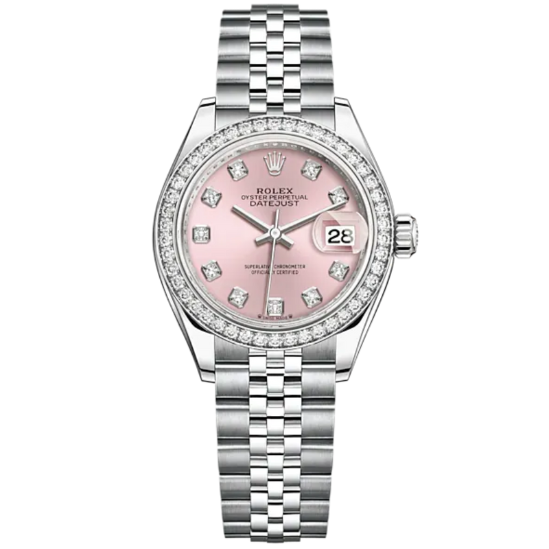 Lady-DateJust 28mm Oystersteel Jubilee Bracelet and White Gold with Pink Dial Diamond-Set Dial Diamond-Set Bezel - Rolex