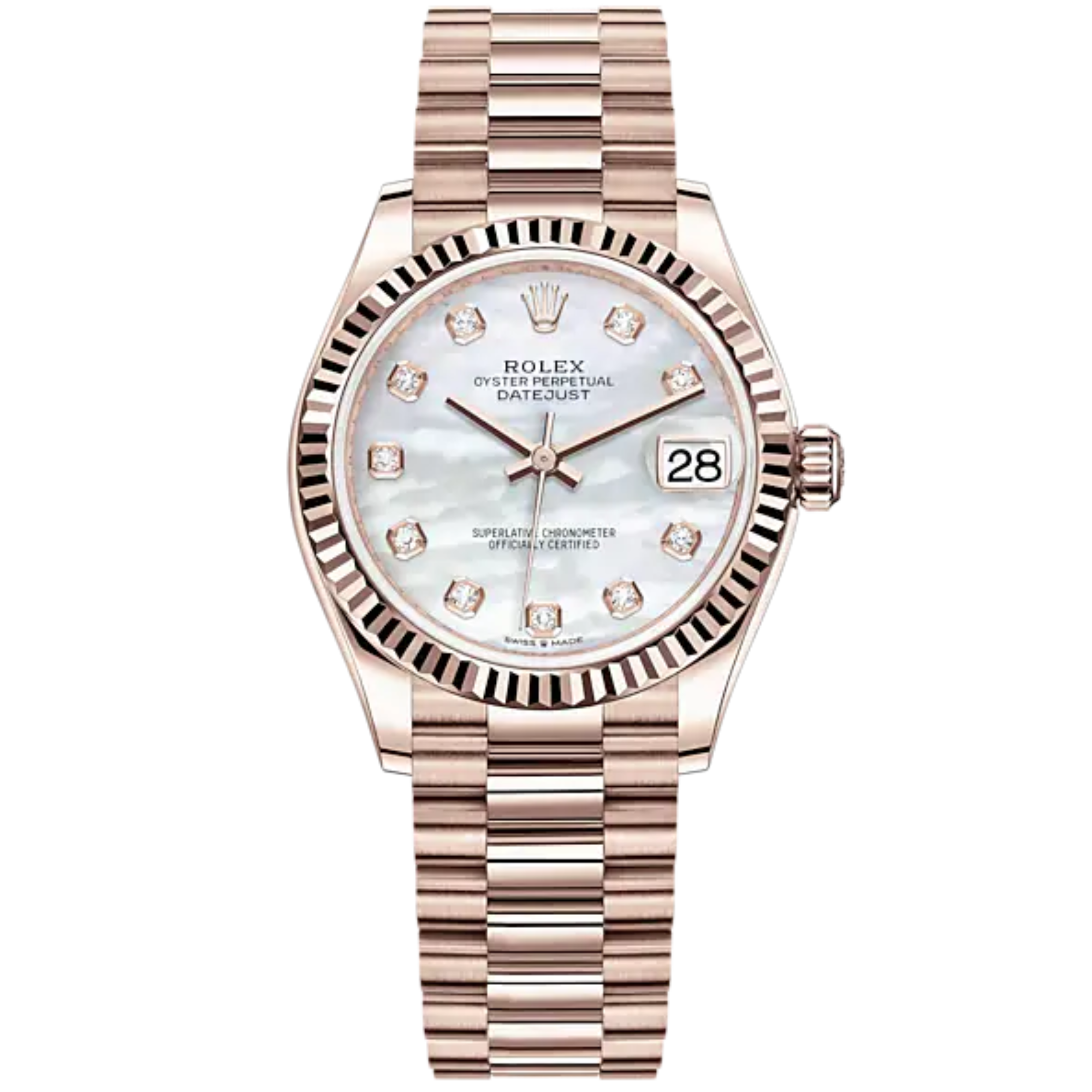 Datejust 31 31mm President Bracelet and 18 CT Everose Gold with White Mother-Of-Pearl Diamond-Set Fluted Bezel - Rolex