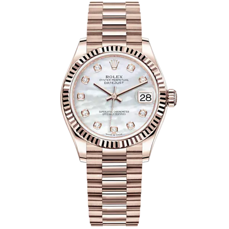 Datejust 31 31mm President Bracelet and 18 CT Everose Gold with White Mother-Of-Pearl Diamond-Set Fluted Bezel - Rolex