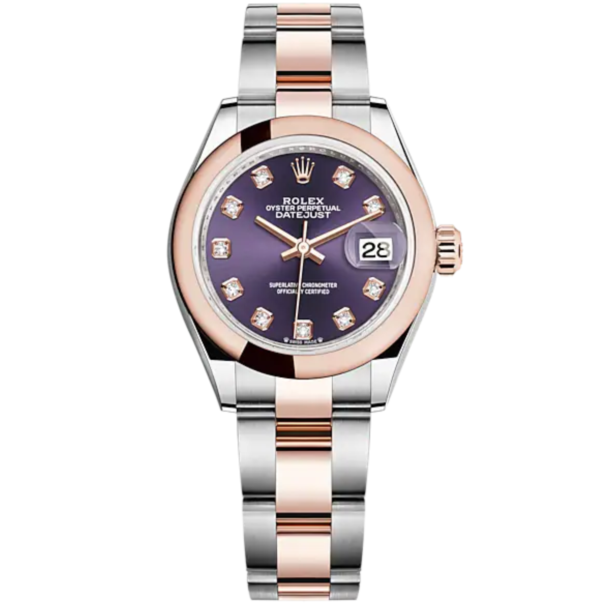 Lady-DateJust 28mm Oyster Oystersteel Bracelet and Everose Gold with Aubergine Dial Diamond-Set Dial Domed Bezel - Rolex