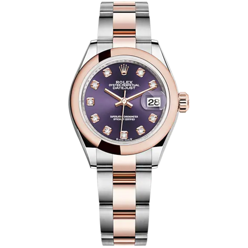 Lady-DateJust 28mm Oyster Oystersteel Bracelet and Everose Gold with Aubergine Dial Diamond-Set Dial Domed Bezel - Rolex