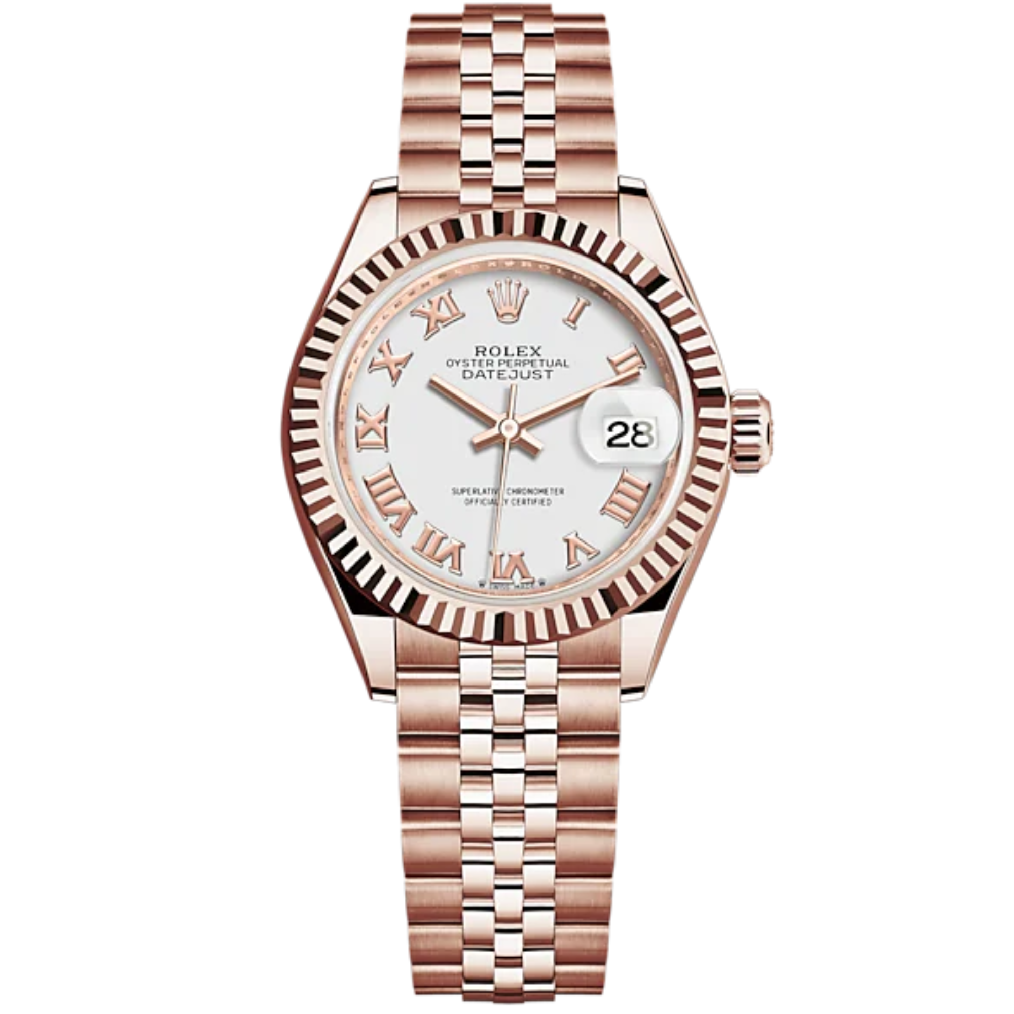 Lady-DateJust 28mm Jubilee Bracelet and 18 KT Everose Gold with White Dial Fluted Bezel - Rolex