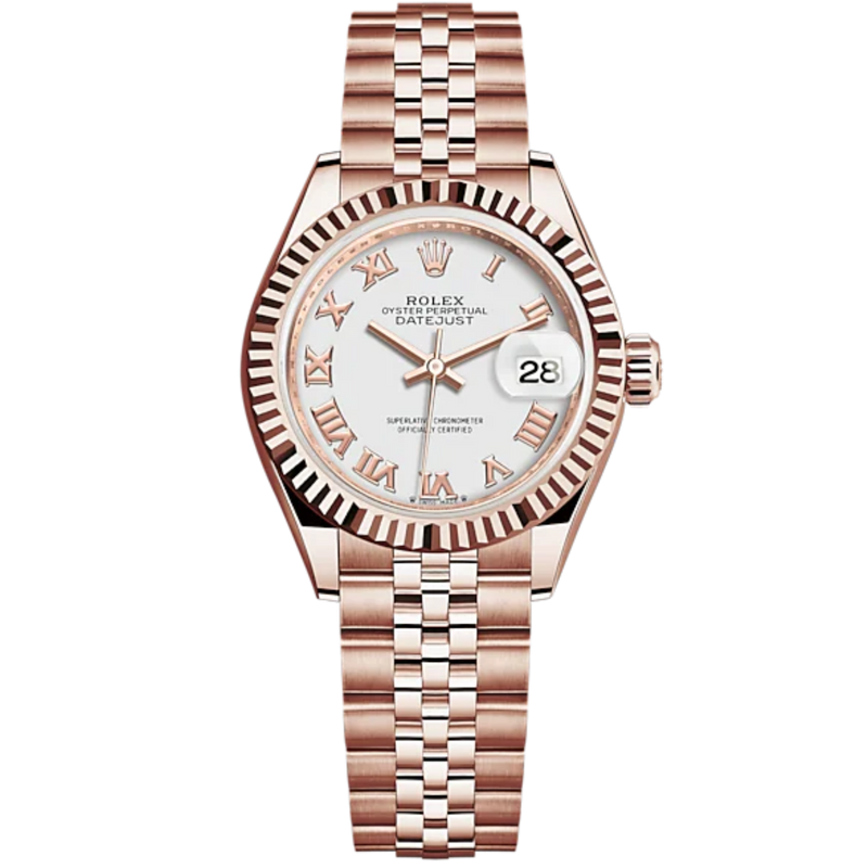 Lady-DateJust 28mm Jubilee Bracelet and 18 KT Everose Gold with White Dial Fluted Bezel - Rolex