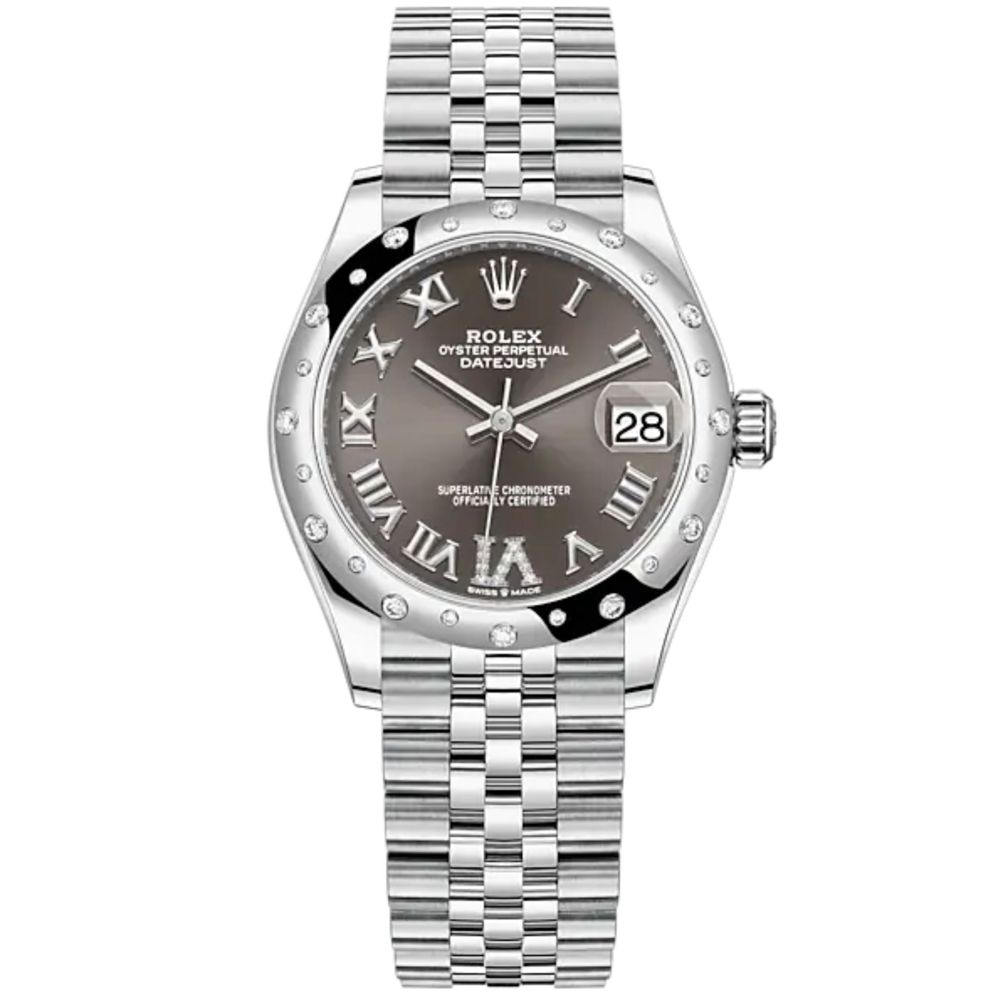 Datejust 31 31mm Jubilee Bracelet Oystersteel and White Gold with Dark Grey Roman Dial Diamond-Set Bezel - Rolex