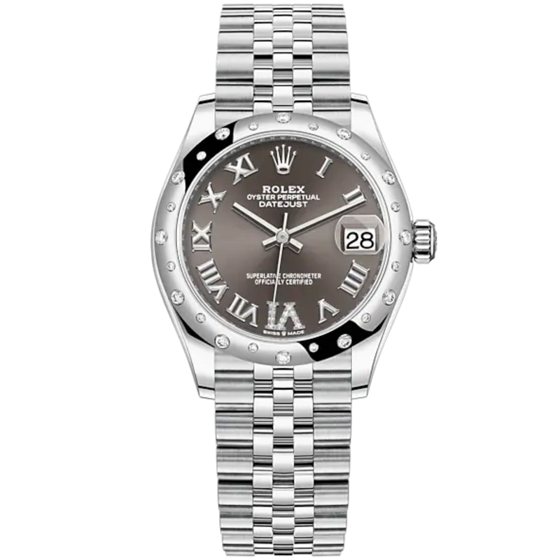Datejust 31 31mm Jubilee Bracelet Oystersteel and White Gold with Dark Grey Roman Dial Diamond-Set Bezel - Rolex