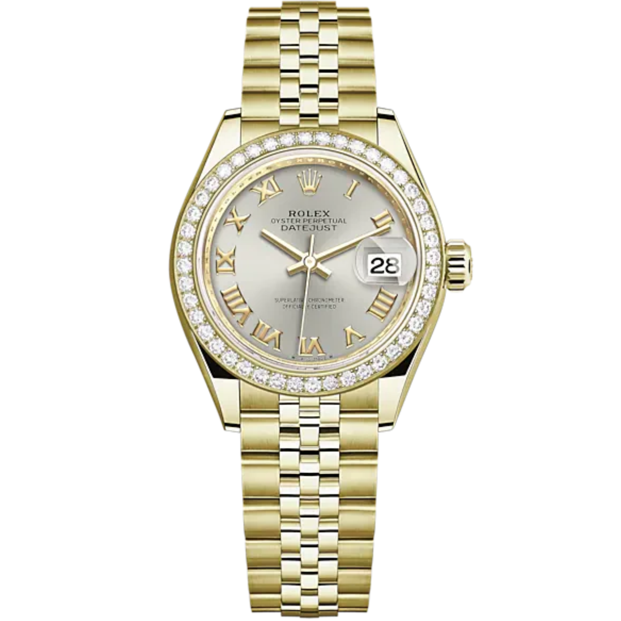 Lady-DateJust 28mm Jubilee Bracelet and 18 KT Yellow Gold with Silver Roman Dial Diamond-Set Bezel - Rolex