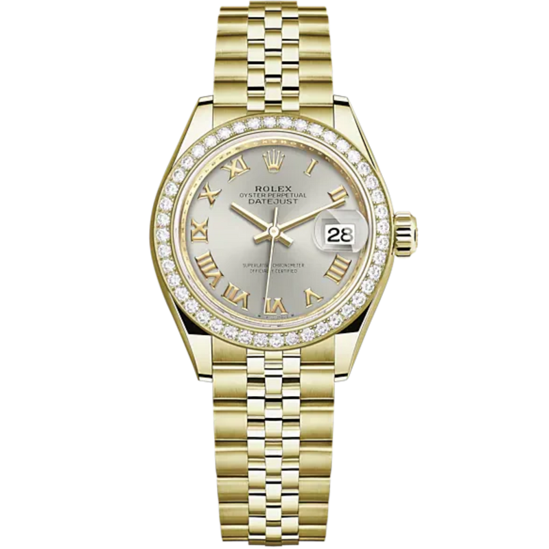 Lady-DateJust 28mm Jubilee Bracelet and 18 KT Yellow Gold with Silver Roman Dial Diamond-Set Bezel - Rolex