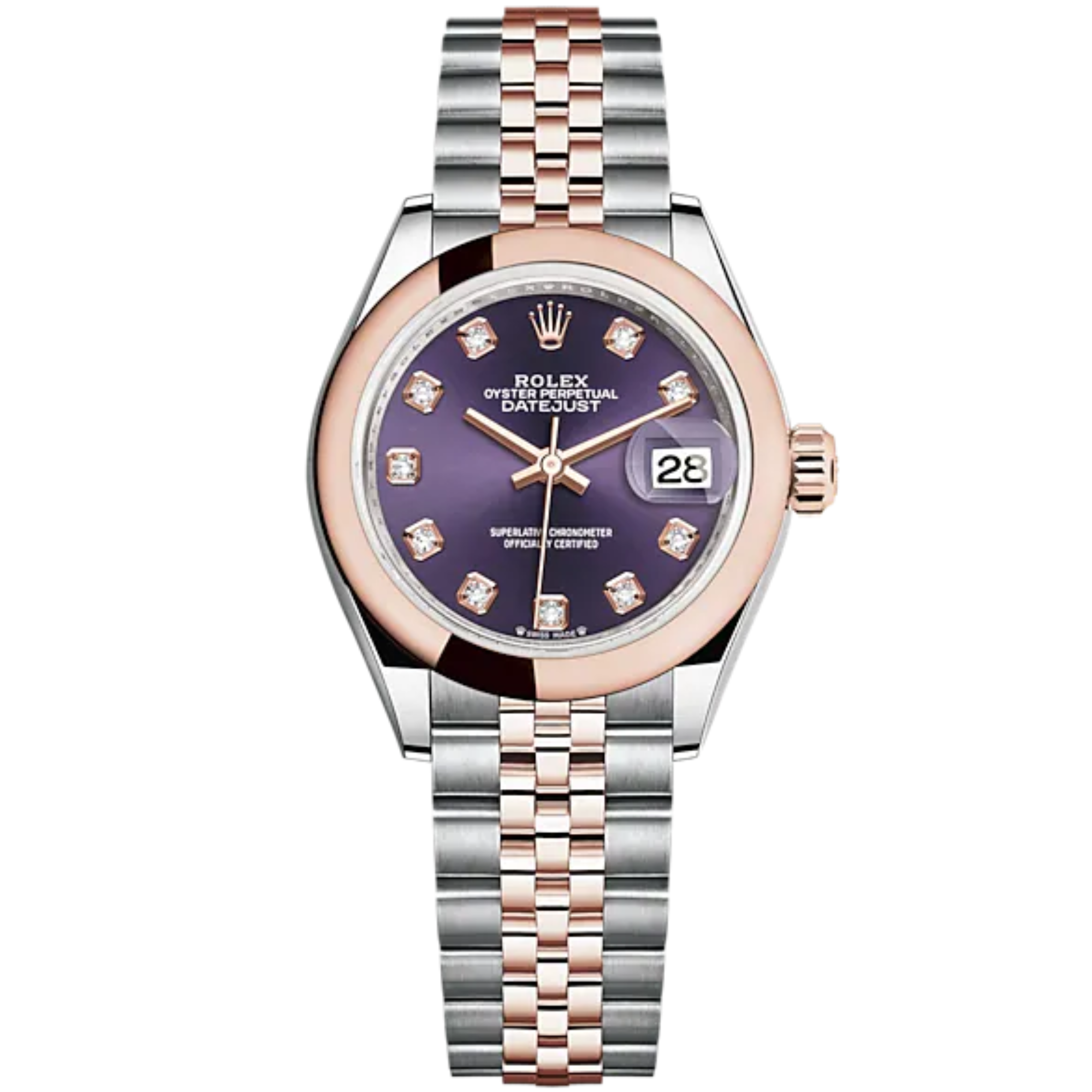 Lady-DateJust 28mm Oystersteel Jubilee Bracelet and Everose Gold with Aubergine Dial Diamond-Set Dial Domed Bezel - Rolex
