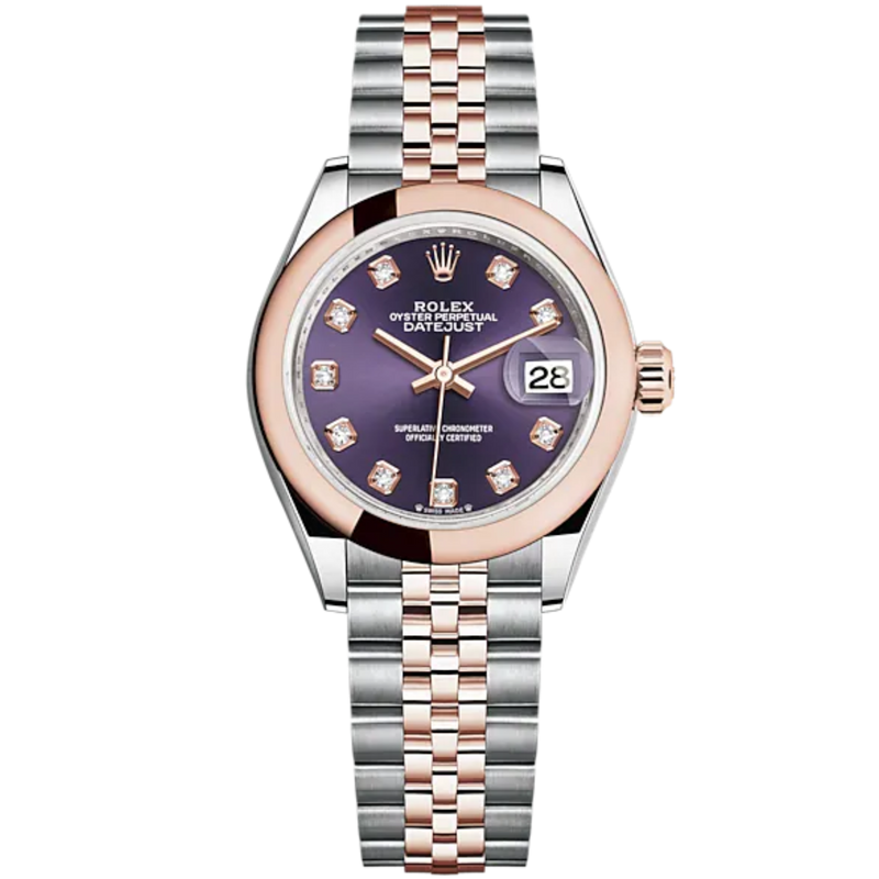 Lady-DateJust 28mm Oystersteel Jubilee Bracelet and Everose Gold with Aubergine Dial Diamond-Set Dial Domed Bezel - Rolex
