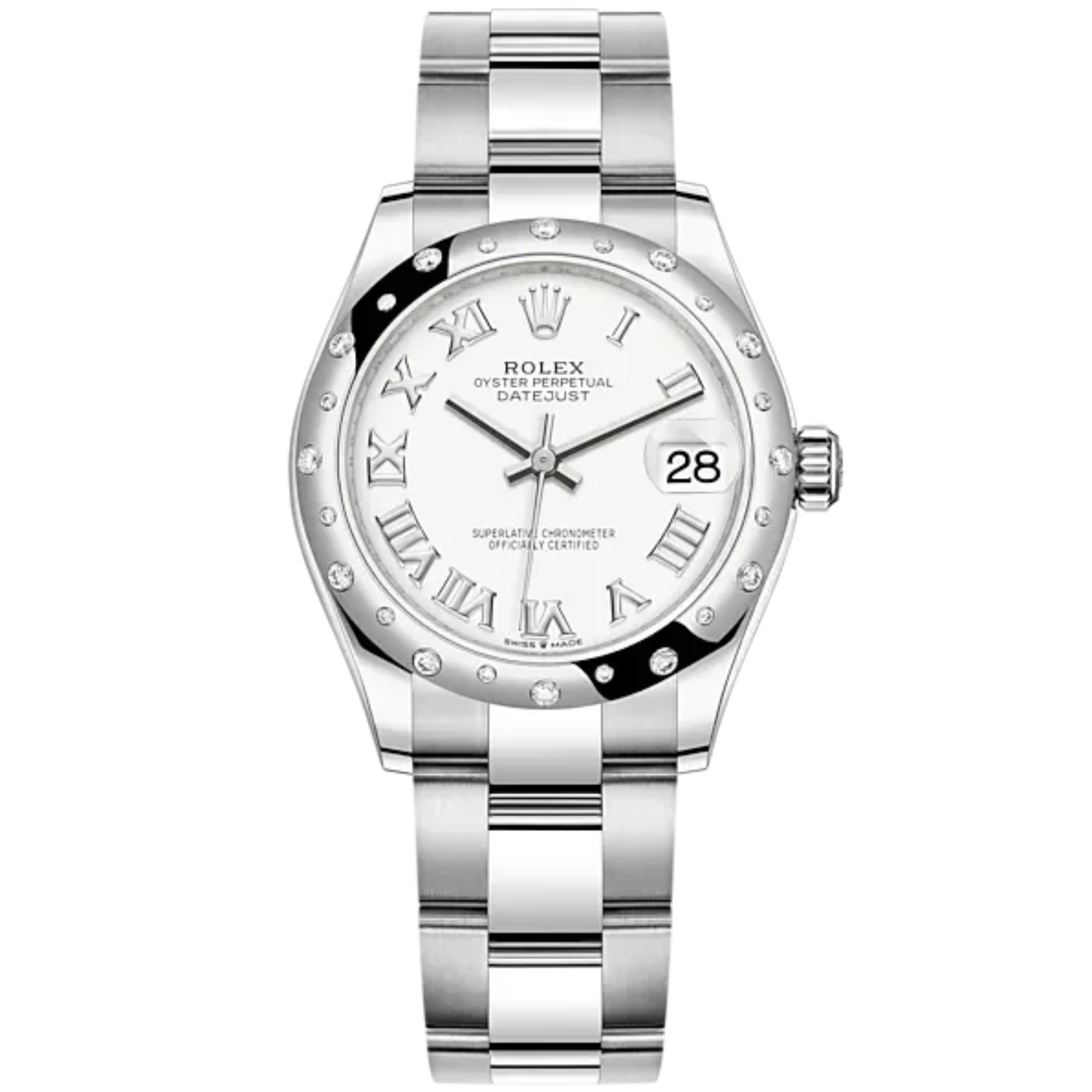 Datejust 31 31mm Oyster Bracelet Oystersteel and White Gold with White Dial Diamond-Set Bezel - Rolex