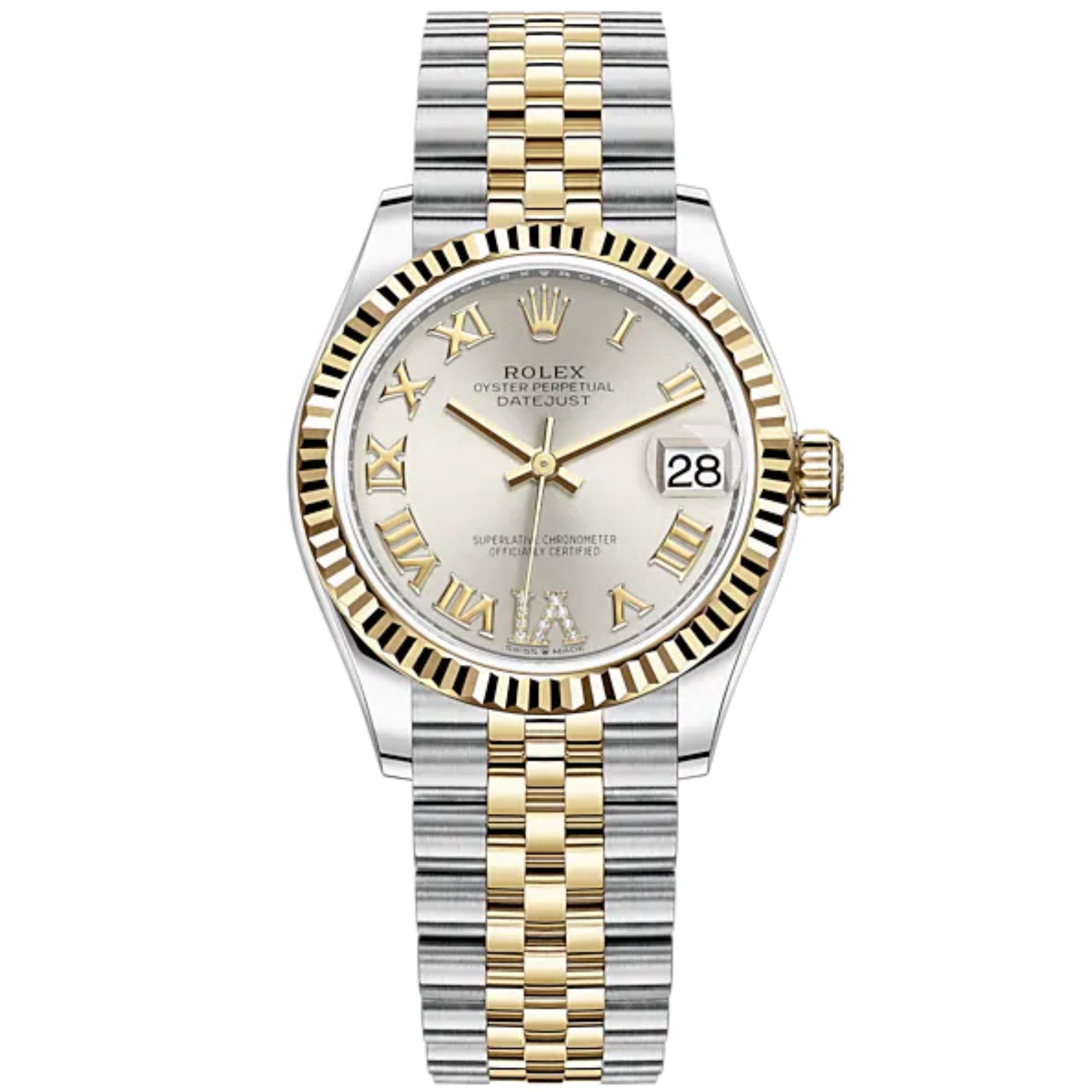 Datejust 31 31mm Jubilee Bracelet Oystersteel and Yellow Gold with Silver Diamond Dial Fluted Bezel - Rolex