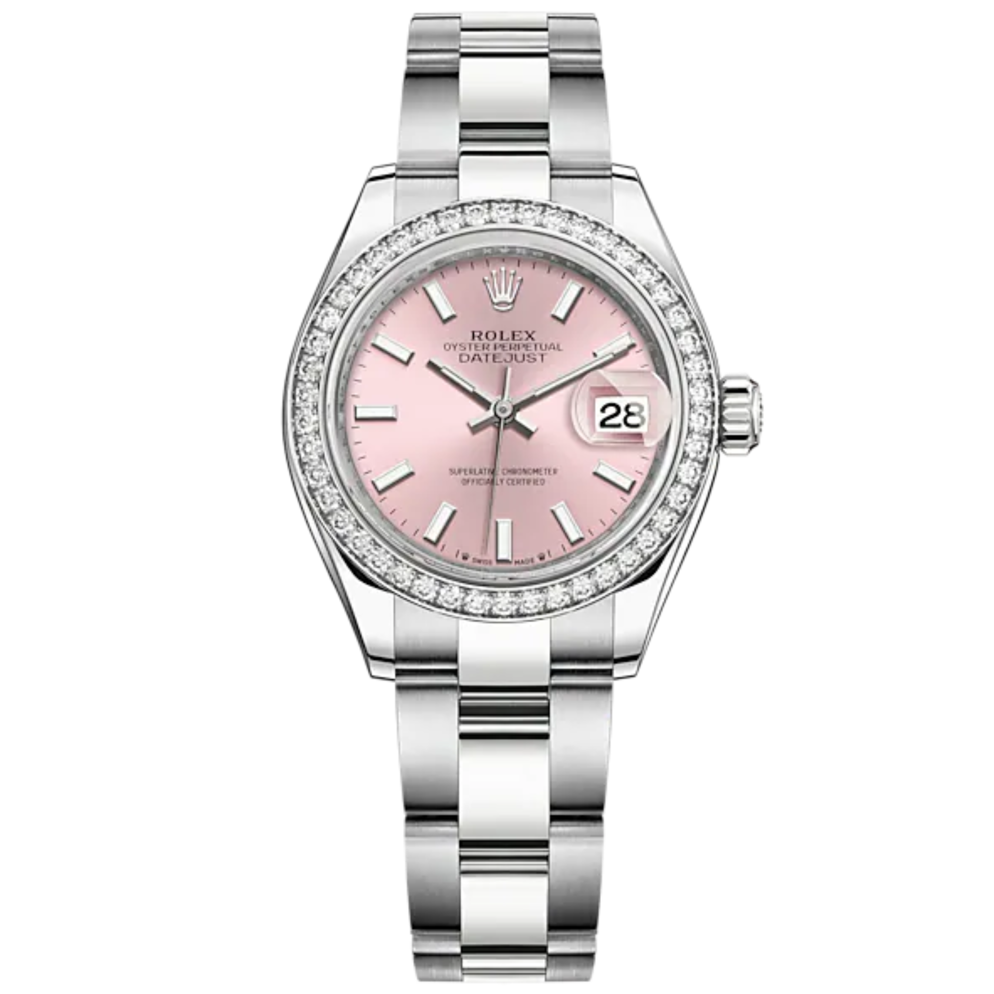 Lady-DateJust 28mm Oyster Oystersteel Bracelet and White Gold with Pink Dial Diamond-Set Bezel - Rolex
