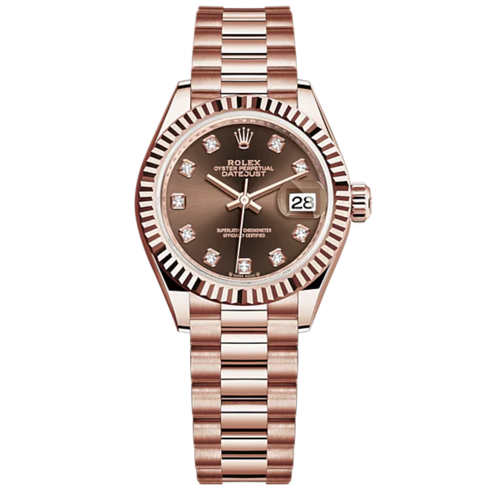 Lady-DateJust 28mm President Bracelet and 18 KT Everose Gold with Chocolate Dial Diamond-Set Dial Fluted Bezel - Rolex