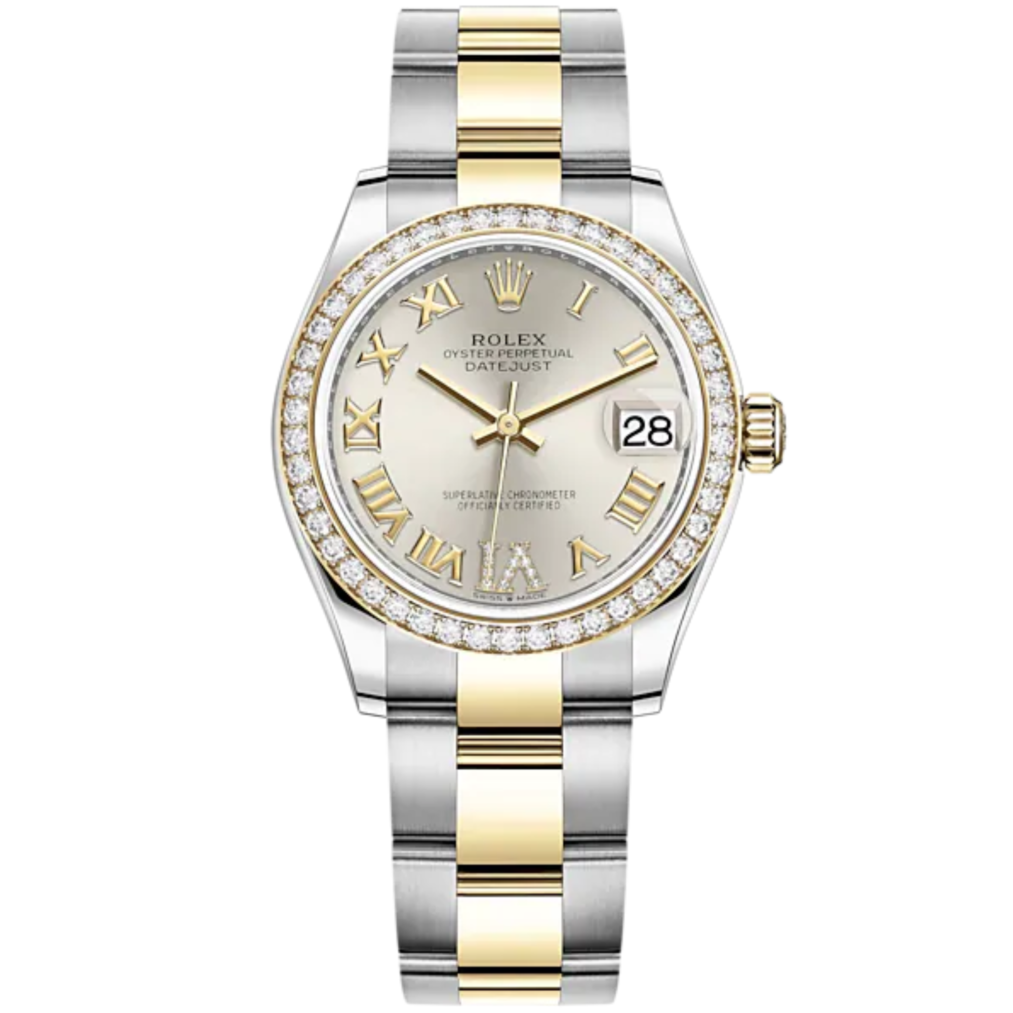 Datejust 31 31mm Oyster Bracelet Oystersteel and Yellow Gold with Silver Diamond Dial Diamond-Set Bezel - Rolex
