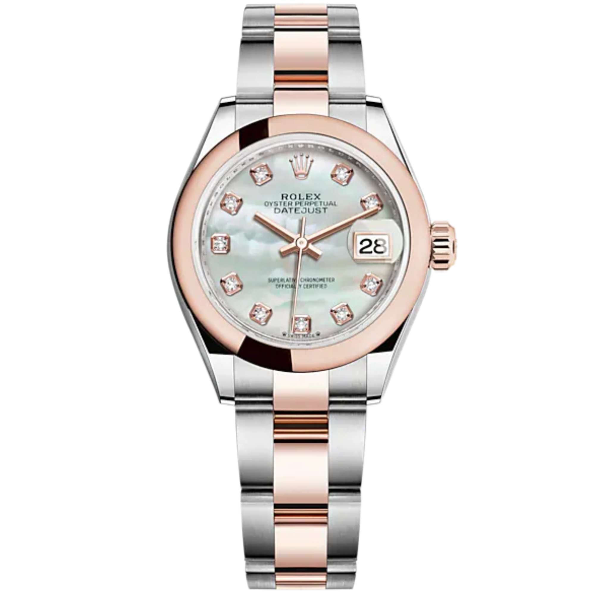 Lady-DateJust 28mm Oyster Oystersteel Bracelet and Everose Gold with White Mother-of-Pearl Dial Diamond-Set Dial Domed Bezel - Rolex
