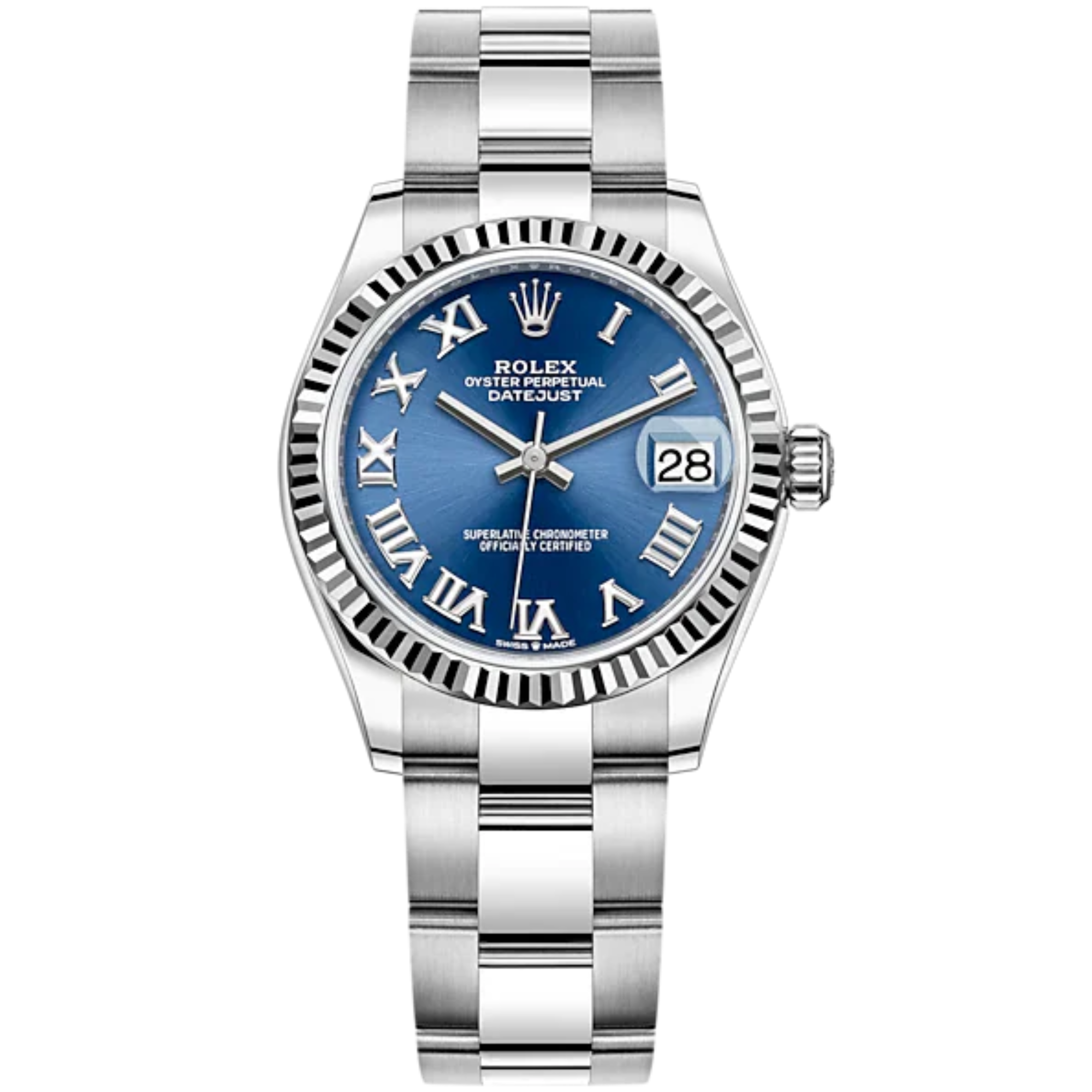 Datejust 31 31mm Oyster Bracelet Oystersteel and White Gold with Bright Blue Dial Fluted Bezel - Rolex