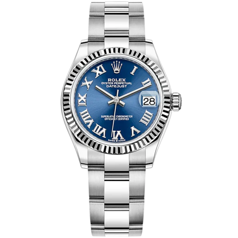 Datejust 31 31mm Oyster Bracelet Oystersteel and White Gold with Bright Blue Dial Fluted Bezel - Rolex