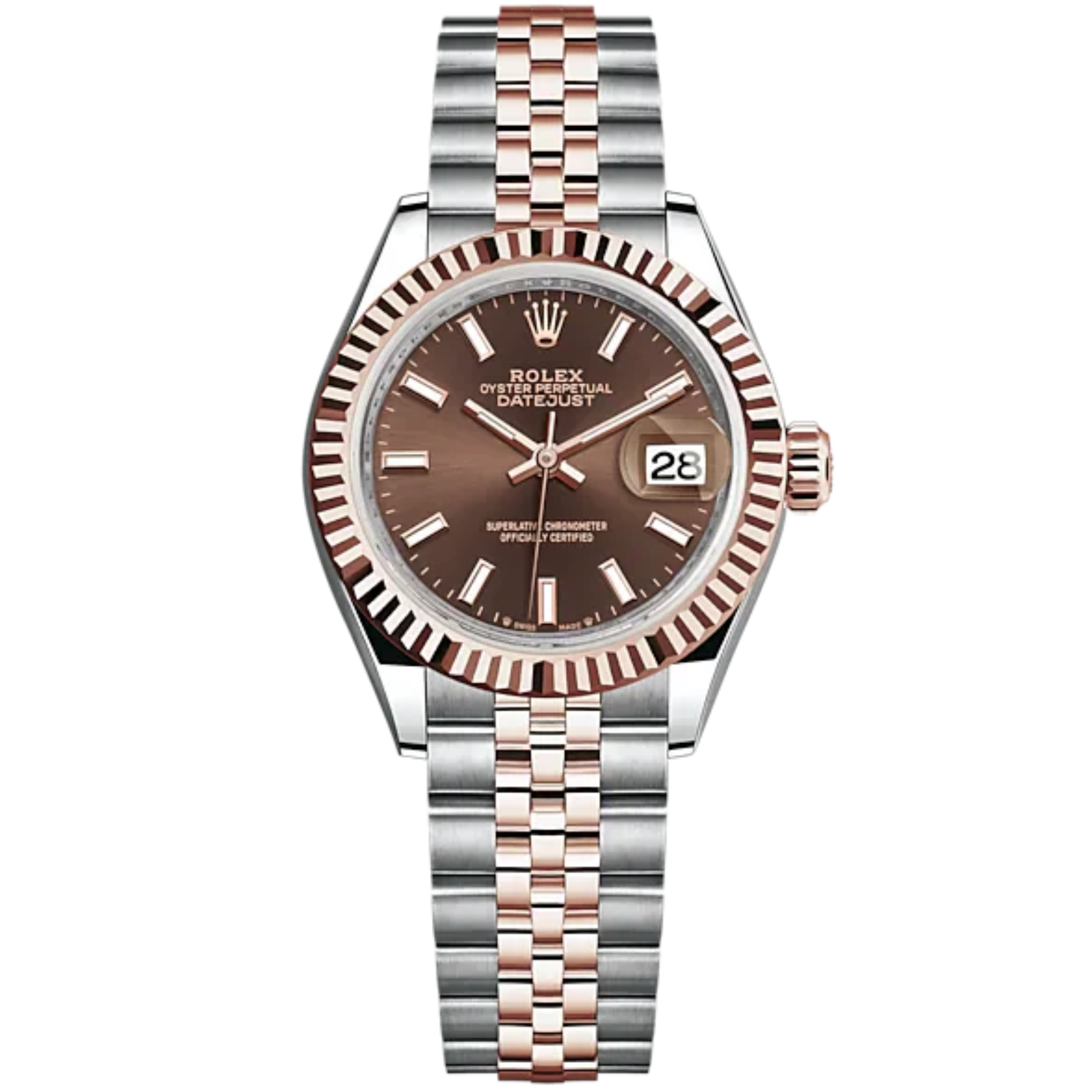 Lady-DateJust 28mm Oystersteel Jubilee Bracelet and Everose Gold with Chocolate Dial Fluted Bezel - Rolex