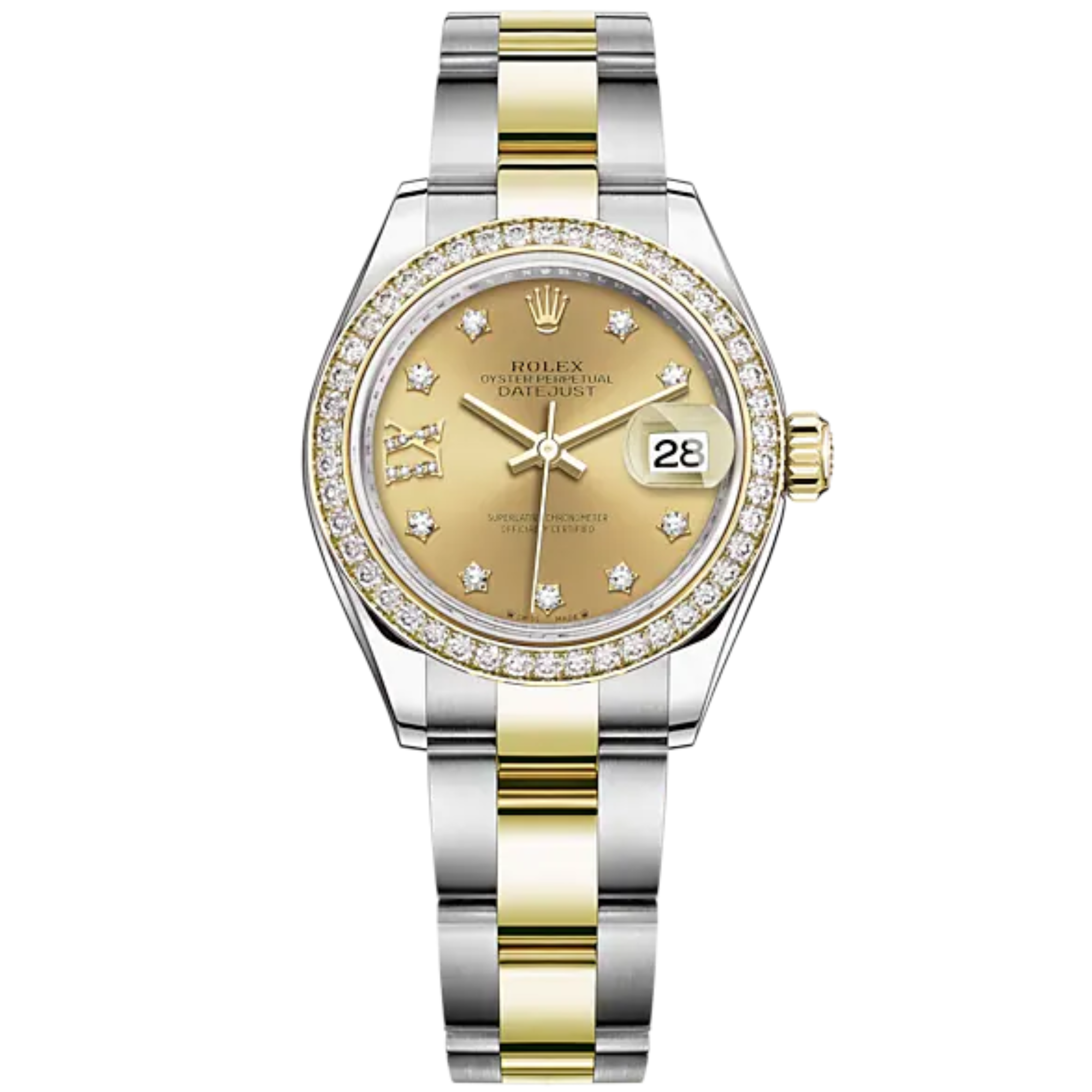Lady-DateJust 28mm Oyster Oystersteel Bracelet and Yellow Gold with Champagne-Colour Dial Diamond-Set Dial Diamond-Set Bezel - Rolex