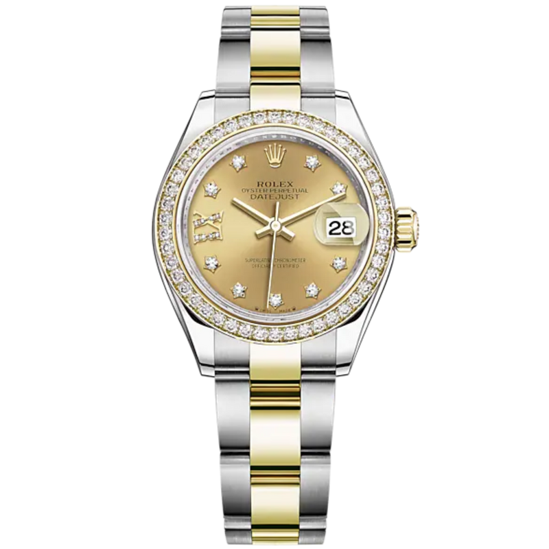 Lady-DateJust 28mm Oyster Oystersteel Bracelet and Yellow Gold with Champagne-Colour Dial Diamond-Set Dial Diamond-Set Bezel - Rolex