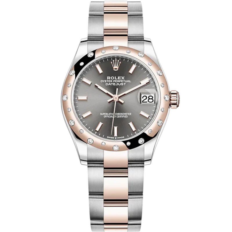 Datejust 31 31mm Oyster Bracelet Oystersteel and Everose Gold with Slate Dial Diamond-Set Bezel - Rolex