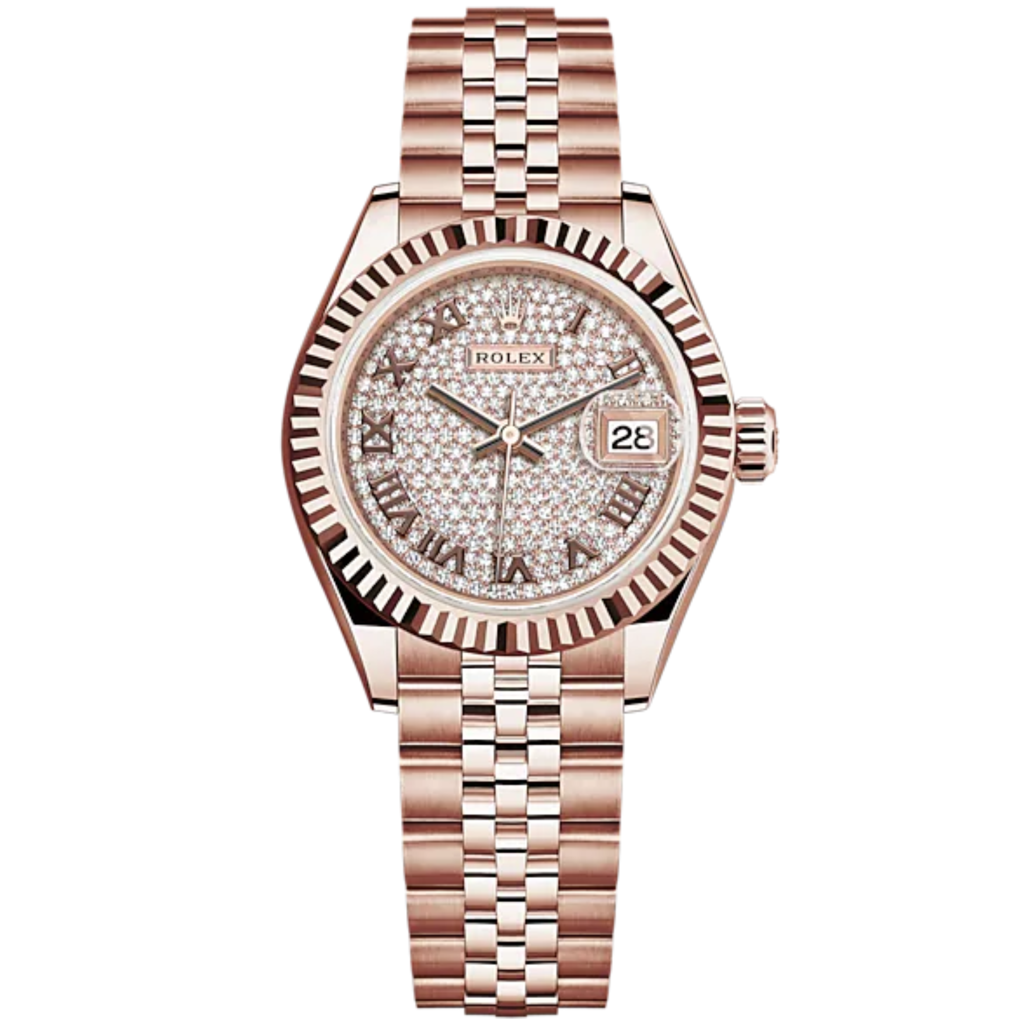 Lady-DateJust 28mm Jubilee Bracelet and 18 KT Everose Gold with Diamond-Paved Dial Fluted Bezel - Rolex