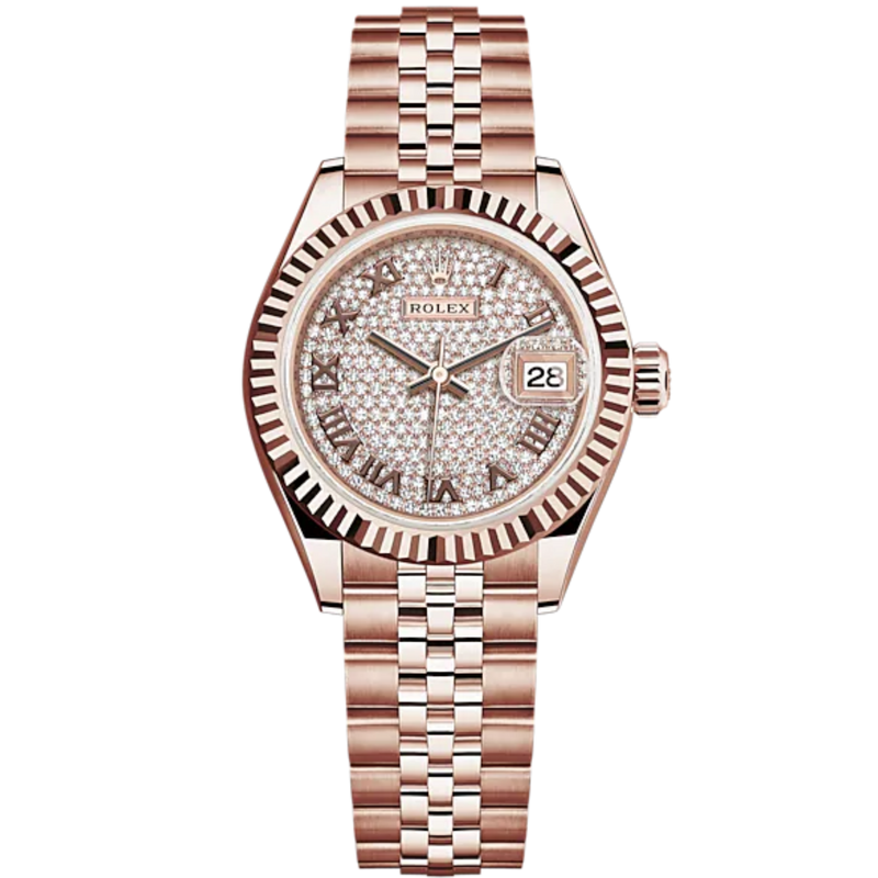 Lady-DateJust 28mm Jubilee Bracelet and 18 KT Everose Gold with Diamond-Paved Dial Fluted Bezel - Rolex