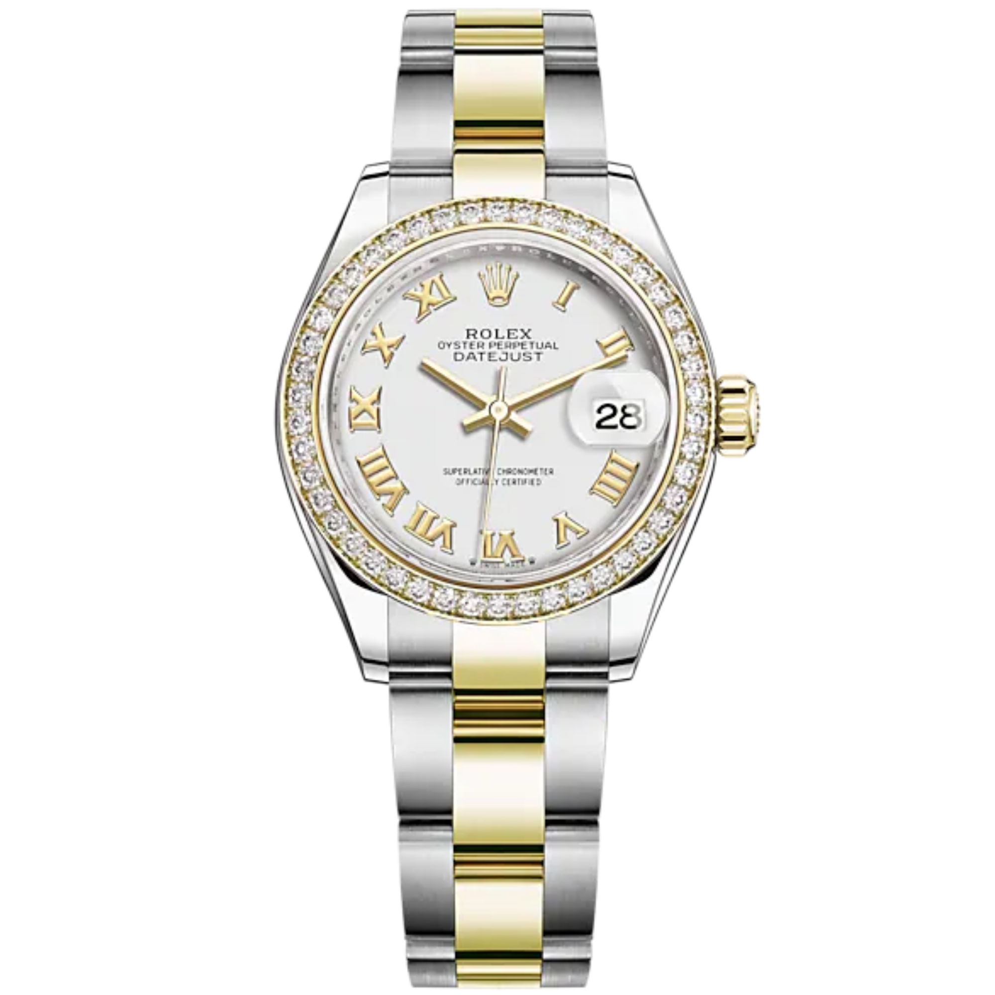 Lady-DateJust 28mm Oyster Oystersteel Bracelet and Yellow Gold with White Dial Diamond-Set Bezel - Rolex