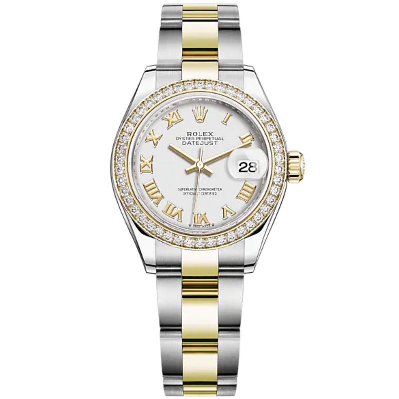 Lady-DateJust 28mm Oyster Oystersteel Bracelet and Yellow Gold with White Dial Diamond-Set Bezel - Rolex