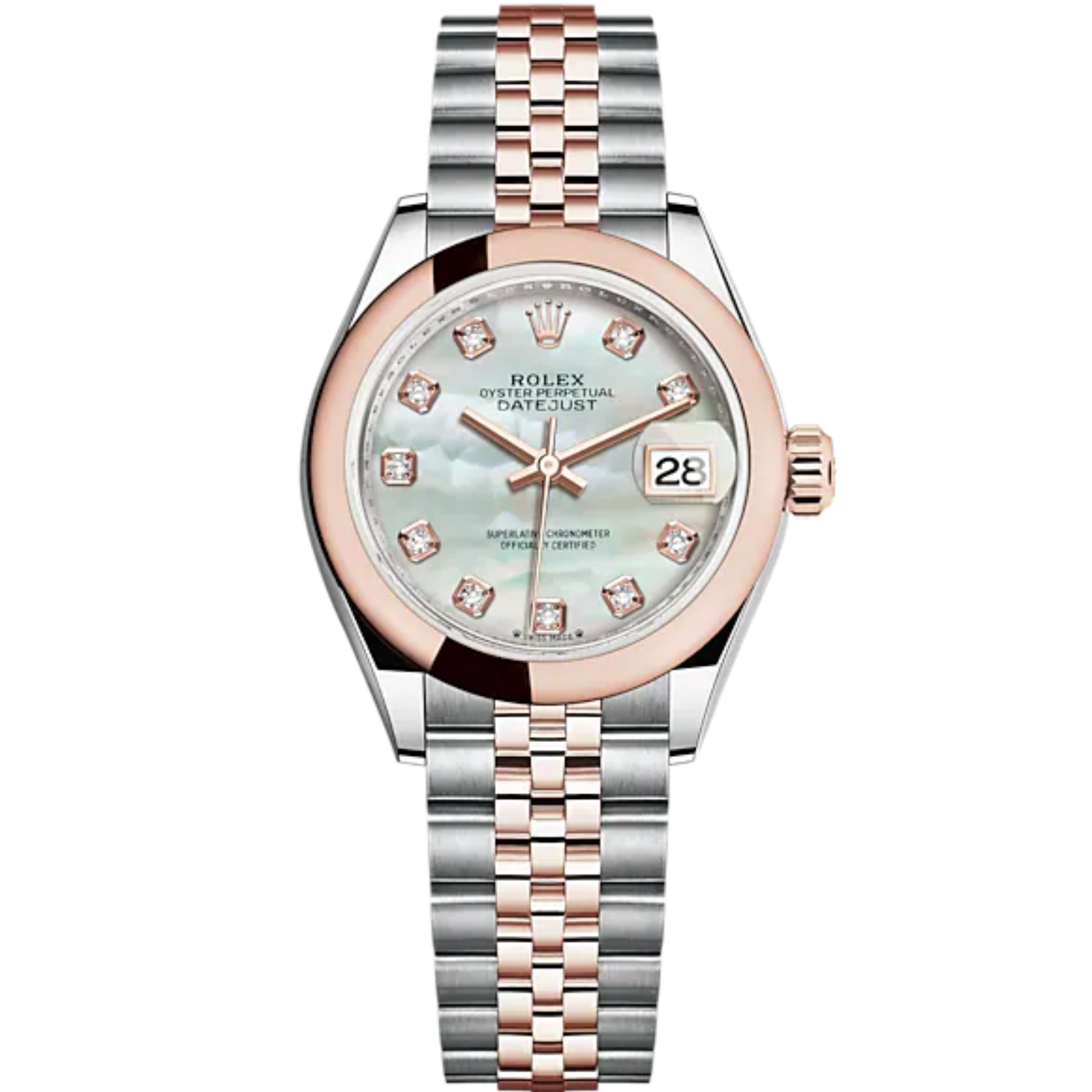 Lady-DateJust 28mm Oystersteel Jubilee Bracelet and Everose Gold with White Mother-of-Pearl Dial Diamond-Set Dial Domed Bezel - Rolex