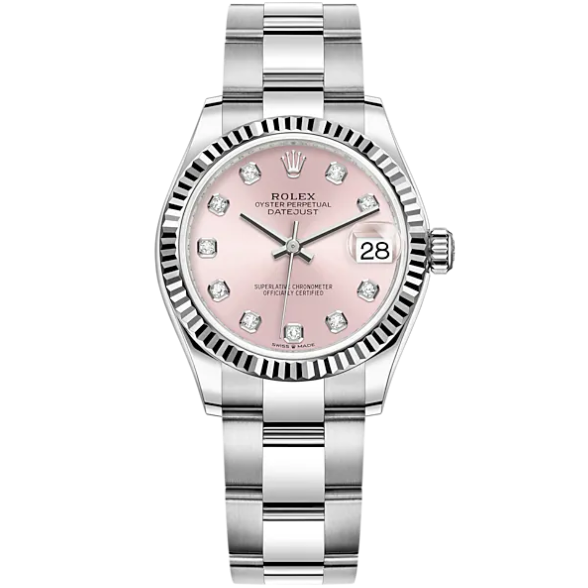 Datejust 31 31mm Oyster Bracelet Oystersteel and White Gold with Pink Diamond-Set Dial Fluted Bezel - Rolex