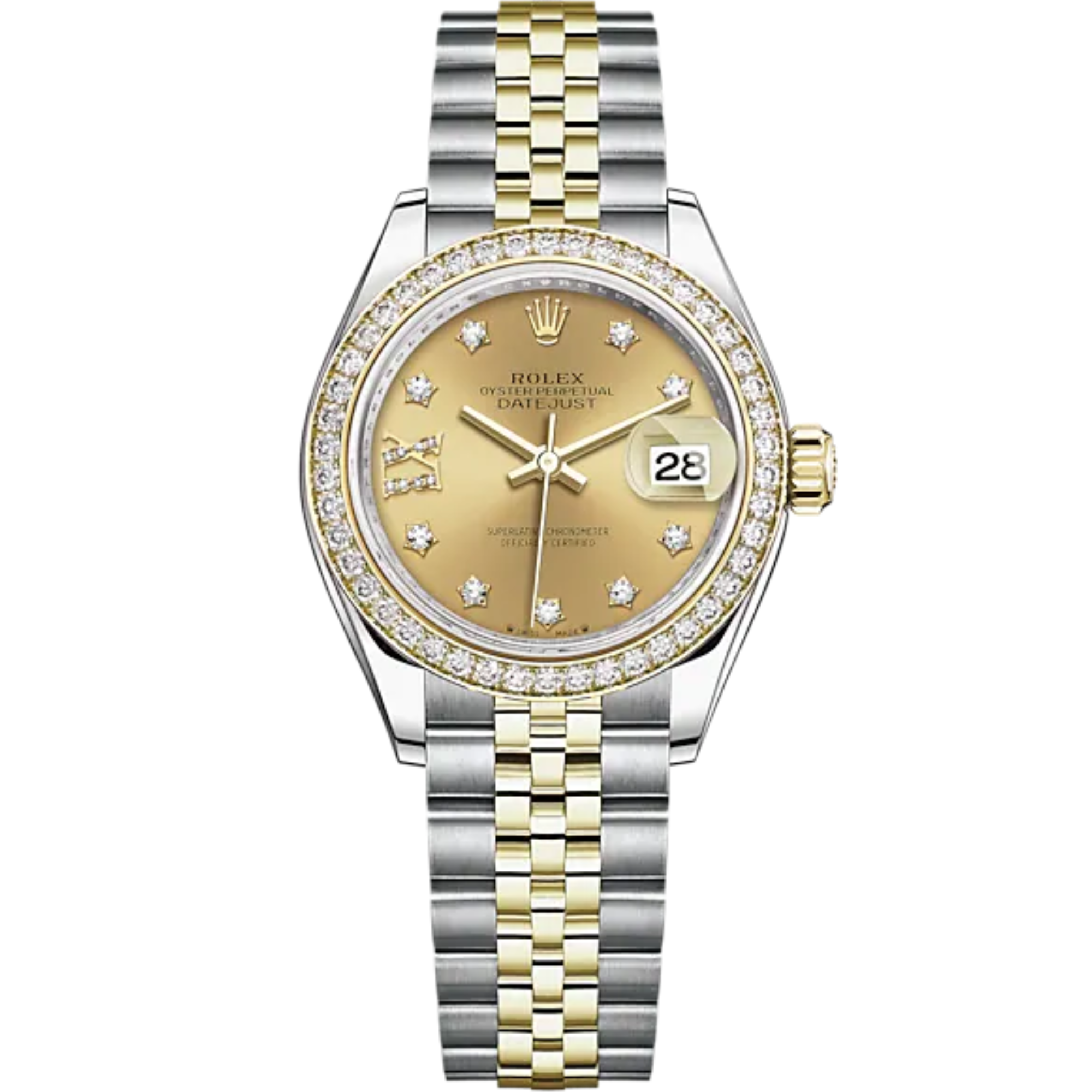 Lady-DateJust 28mm Oystersteel Jubilee Bracelet and Yellow Gold with Champagne-Colour Dial Diamond-Set Dial Diamond-Set Bezel - Rolex