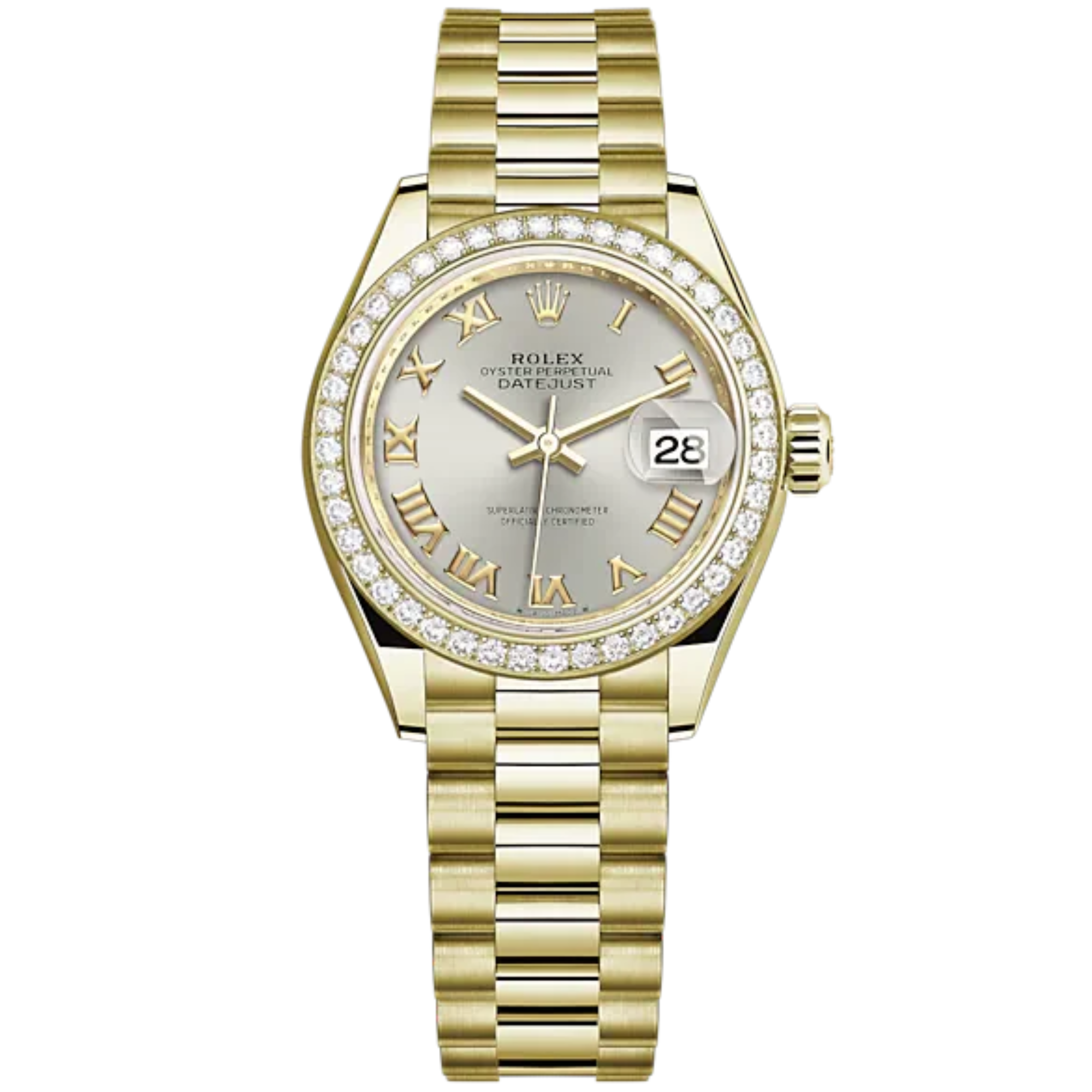 Lady-DateJust 28mm President Bracelet and 18 KT Yellow Gold with Silver Roman Dial Diamond-Set Bezel - Rolex