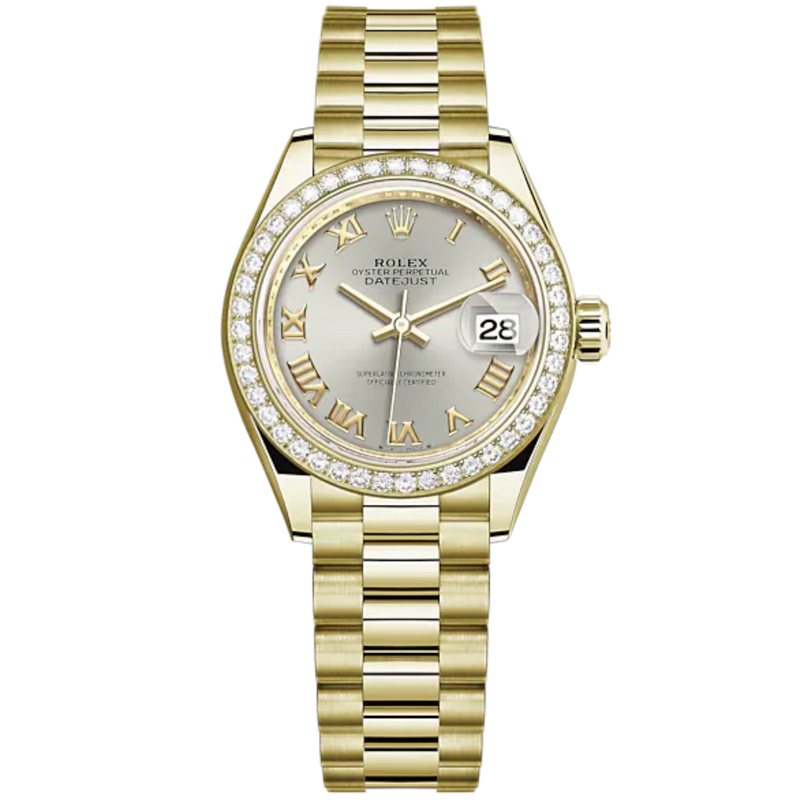 Lady-DateJust 28mm President Bracelet and 18 KT Yellow Gold with Silver Roman Dial Diamond-Set Bezel - Rolex