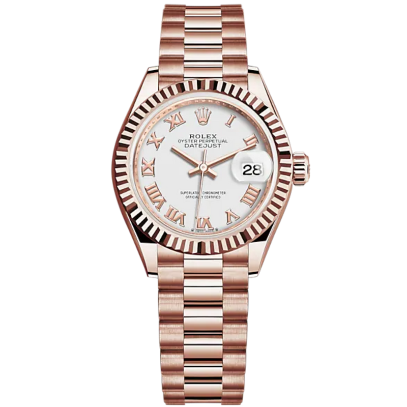 Lady-DateJust 28mm President Bracelet and 18 KT Everose Gold with White Dial Fluted Bezel - Rolex
