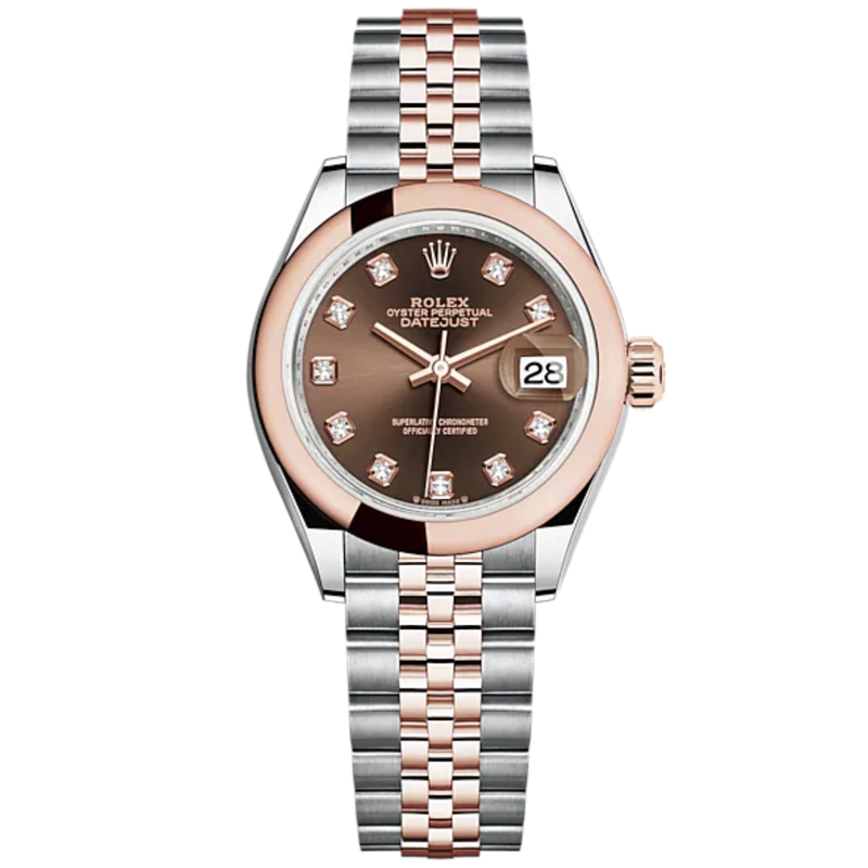 Lady-DateJust 28mm Oystersteel Jubilee Bracelet and Everose Gold with Chocolate Dial Diamond-Set Dial Domed Bezel - Rolex