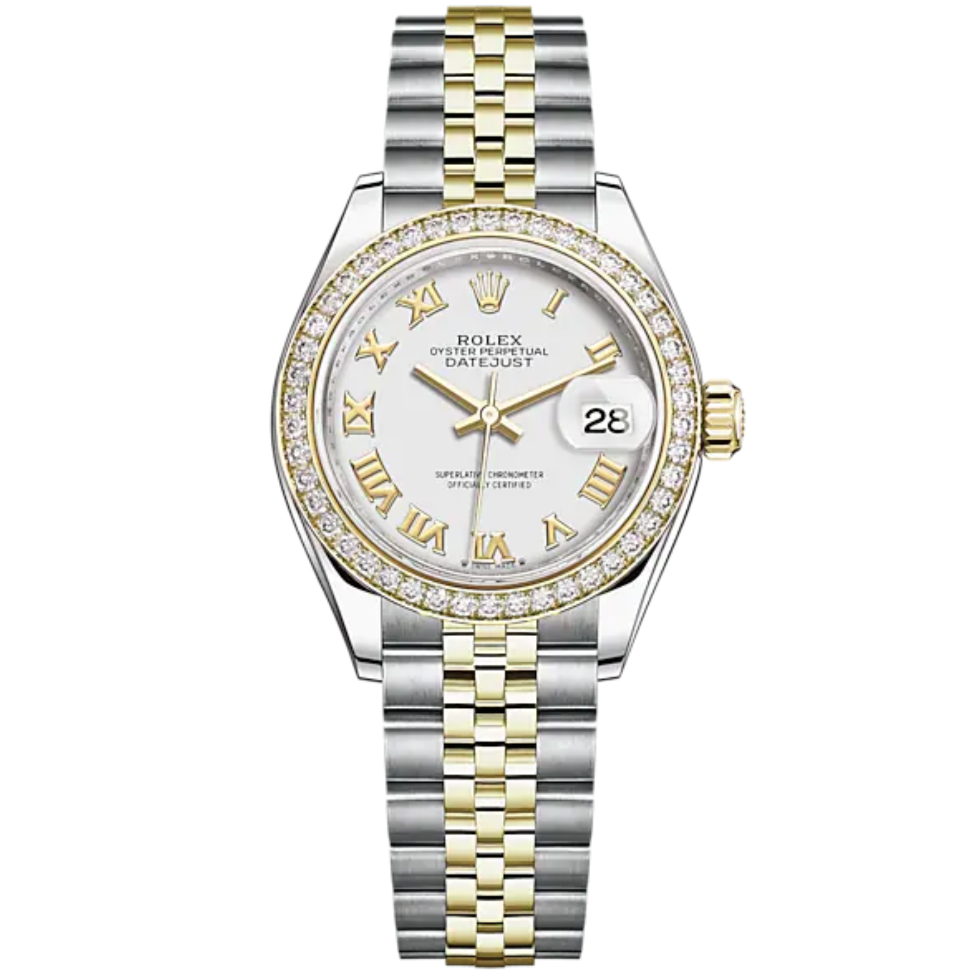 Lady-DateJust 28mm Oystersteel Jubilee Bracelet and Yellow Gold with White Dial Diamond-Set Bezel - Rolex