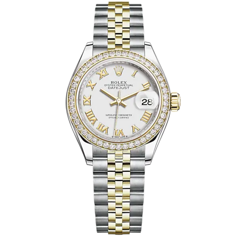 Lady-DateJust 28mm Oystersteel Jubilee Bracelet and Yellow Gold with White Dial Diamond-Set Bezel - Rolex