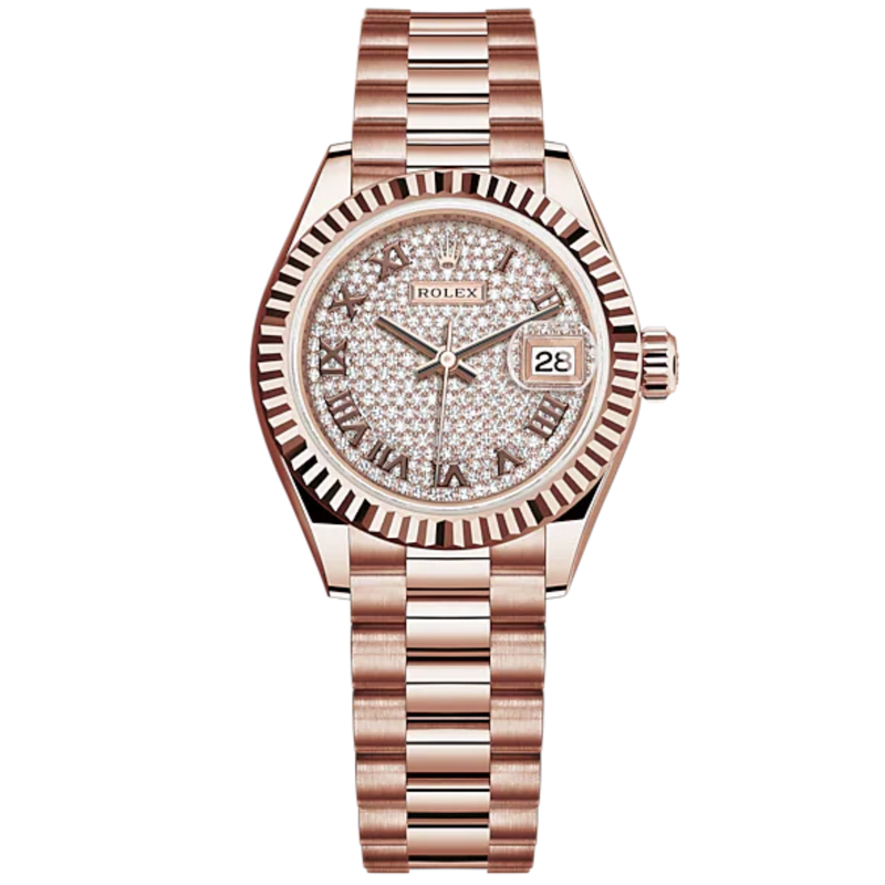 Lady-DateJust 28mm President Bracelet and 18 KT Everose Gold with Diamond-Paved Dial Fluted Bezel - Rolex